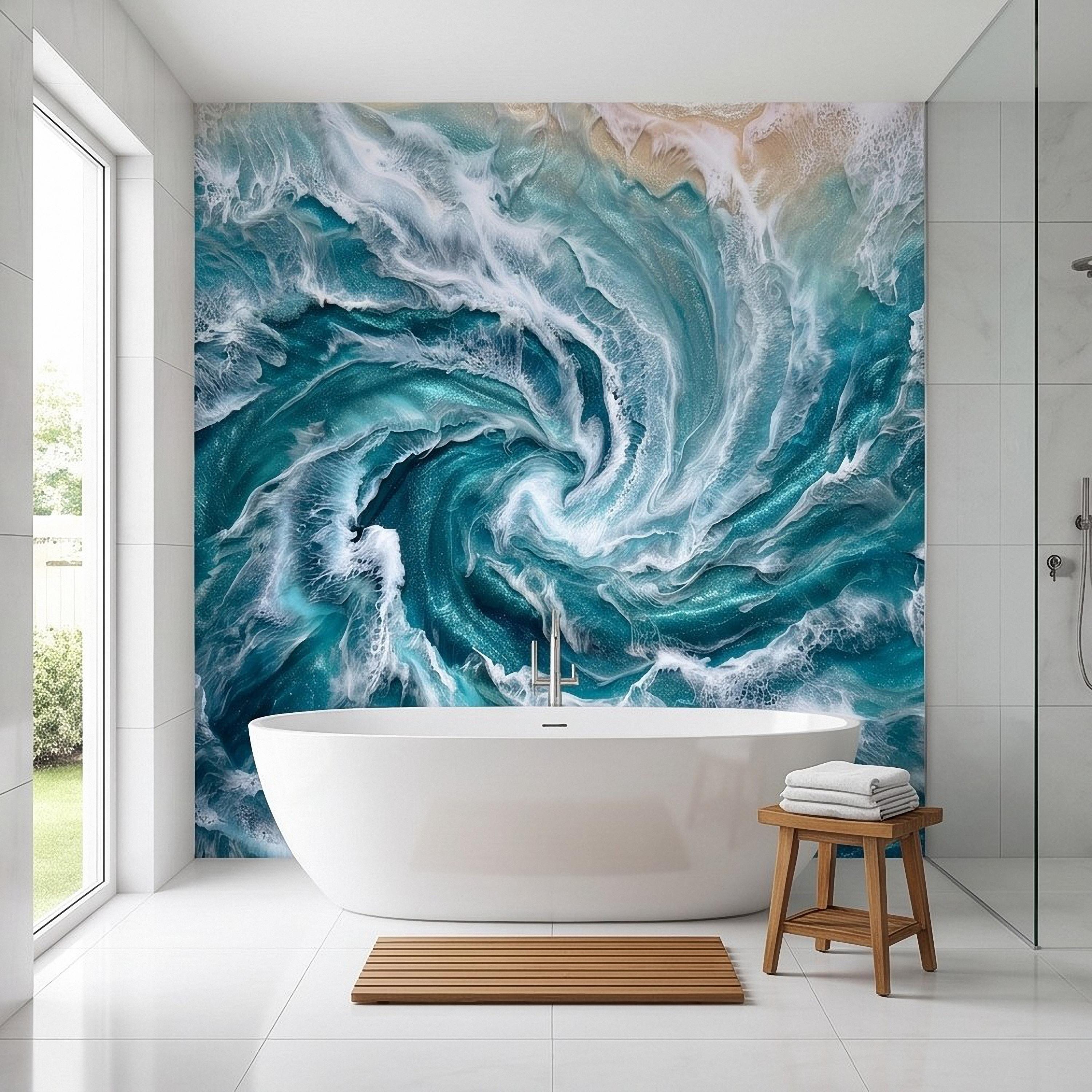 Ocean Wave Peel and Stick Wall Mural, Abstract Turquoise Sea Swirl, Foaming Coastal Water Resin Art Wallpaper