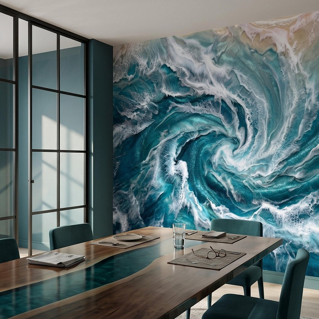 Ocean Wave Peel and Stick Wall Mural, Abstract Turquoise Sea Swirl, Foaming Coastal Water Resin Art Wallpaper