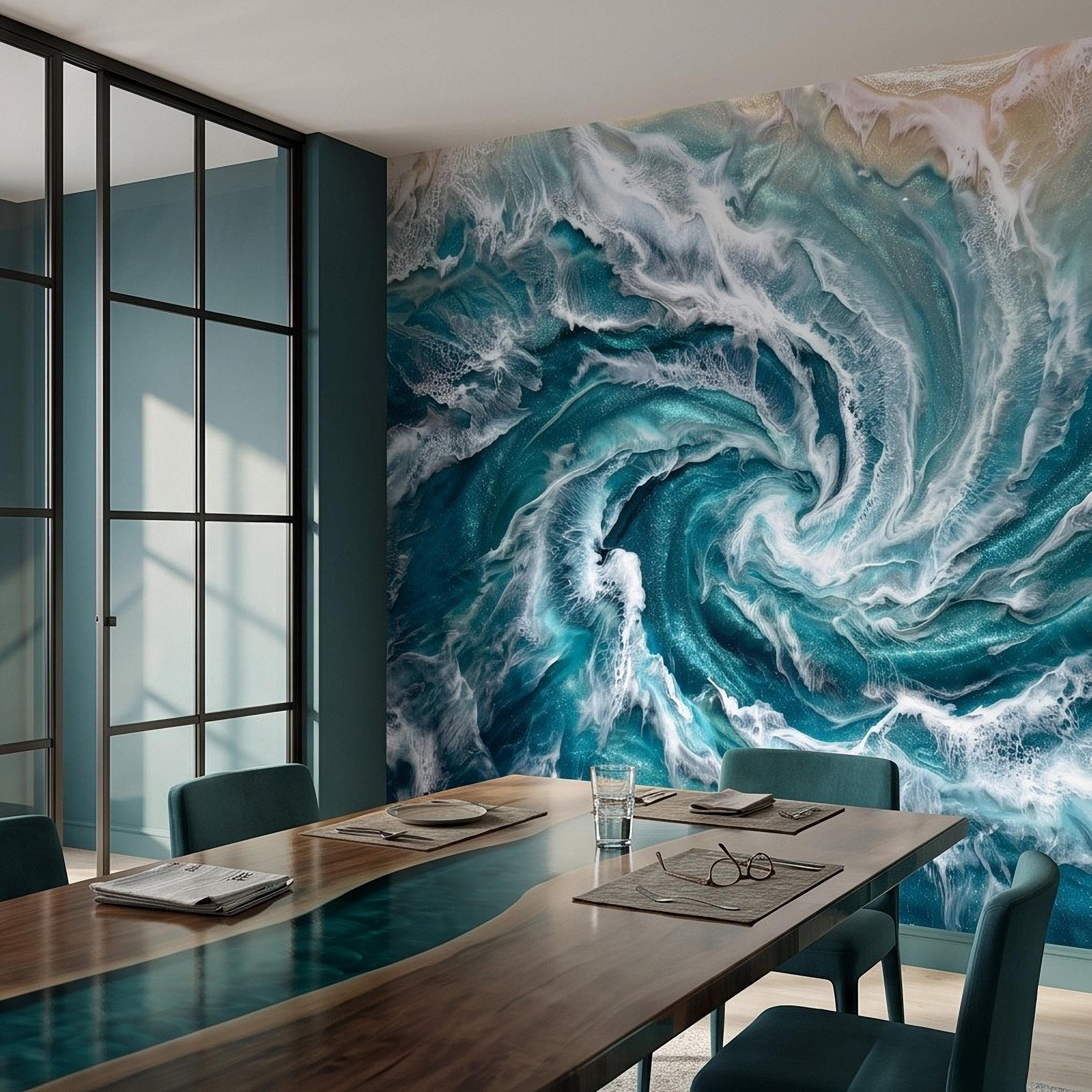 Ocean Wave Peel and Stick Wall Mural, Abstract Turquoise Sea Swirl, Foaming Coastal Water Resin Art Wallpaper
