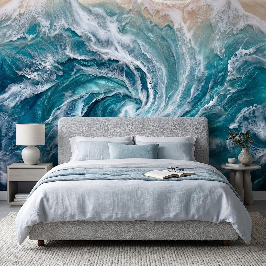 Ocean Wave Peel and Stick Wall Mural, Abstract Turquoise Sea Swirl, Foaming Coastal Water Resin Art Wallpaper