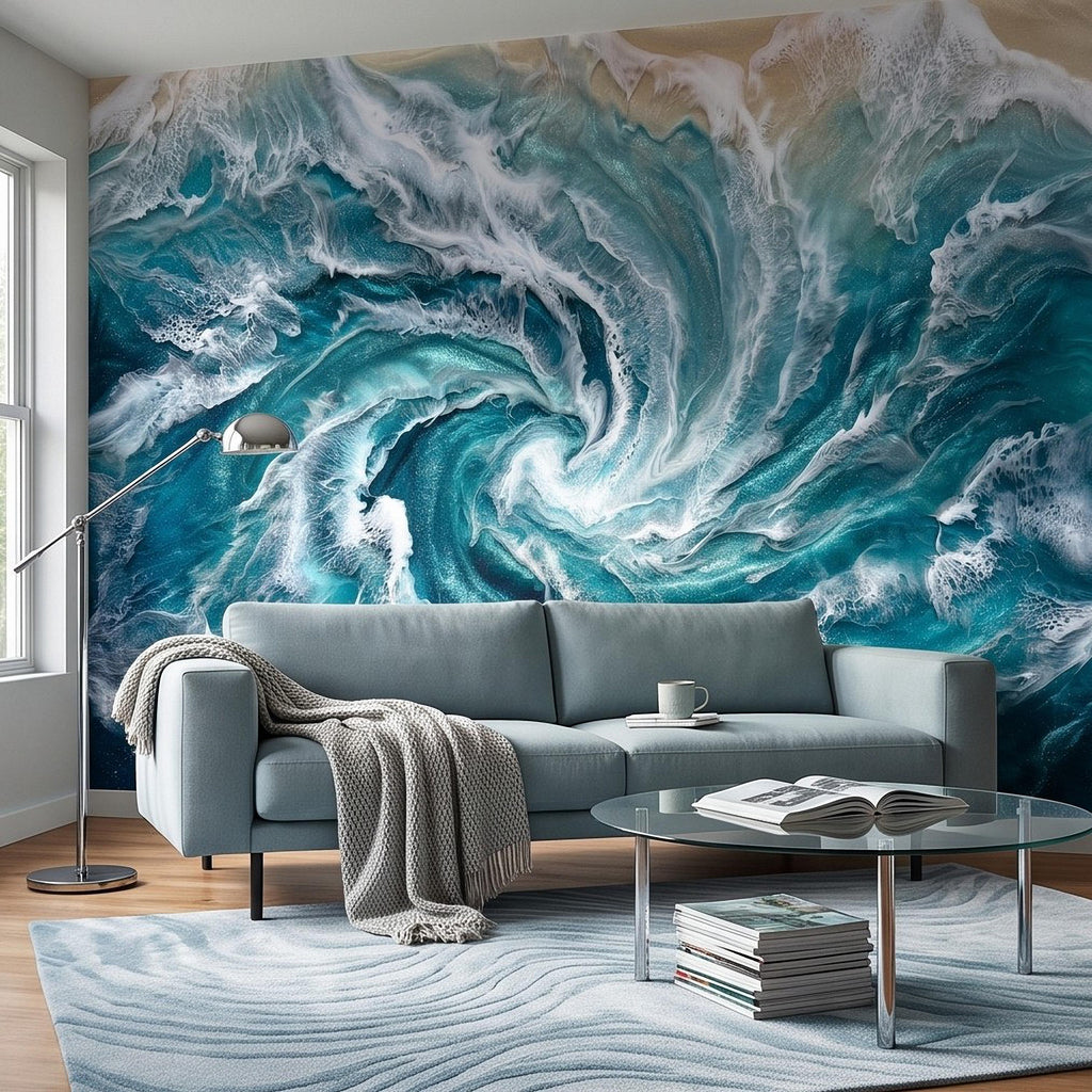Ocean Wave Peel and Stick Wall Mural, Abstract Turquoise Sea Swirl, Foaming Coastal Water Resin Art Wallpaper