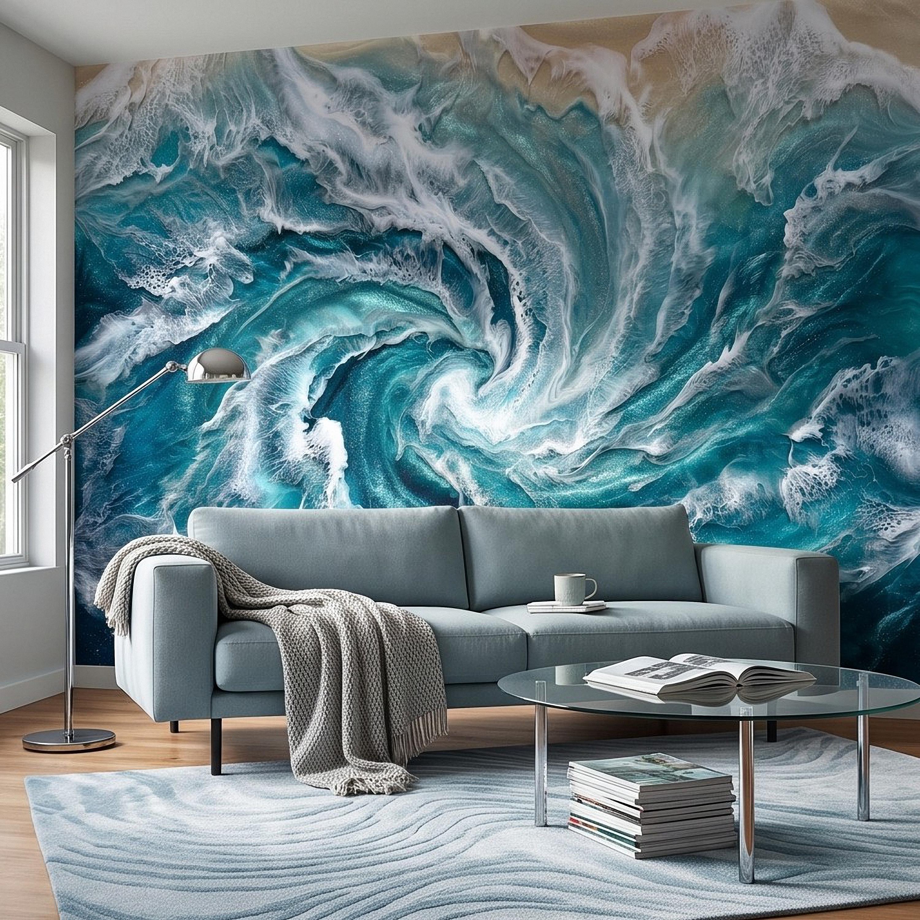 Ocean Wave Peel and Stick Wall Mural, Abstract Turquoise Sea Swirl, Foaming Coastal Water Resin Art Wallpaper