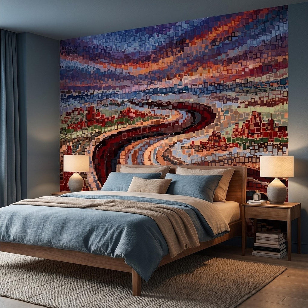 Abstract Mosaic Landscape Peel and Stick Wall Mural, Winding River Sunset Scene, Geometric Square Tiles Colorful Wallpaper