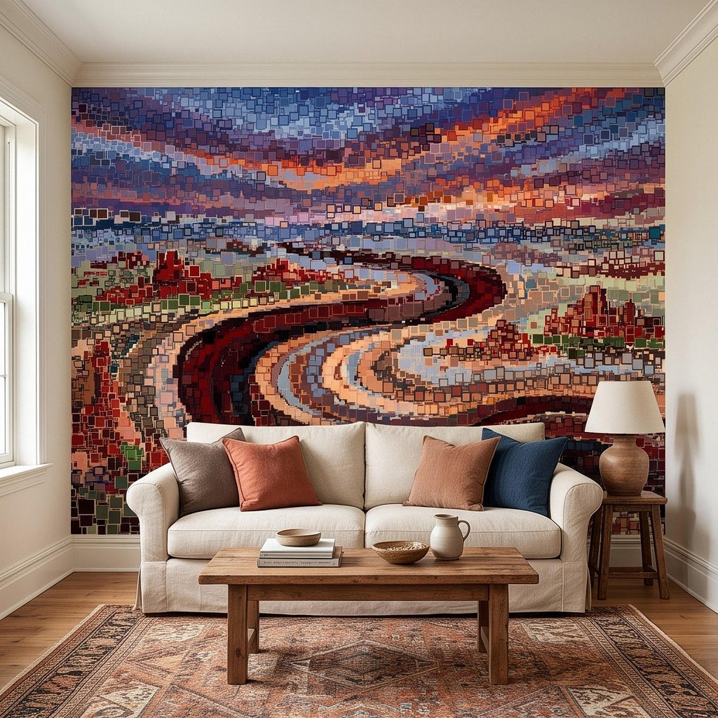 Abstract Mosaic Landscape Peel and Stick Wall Mural, Winding River Sunset Scene, Geometric Square Tiles Colorful Wallpaper