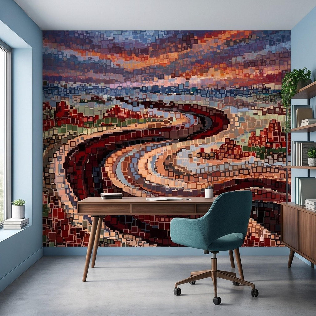 Abstract Mosaic Landscape Peel and Stick Wall Mural, Winding River Sunset Scene, Geometric Square Tiles Colorful Wallpaper