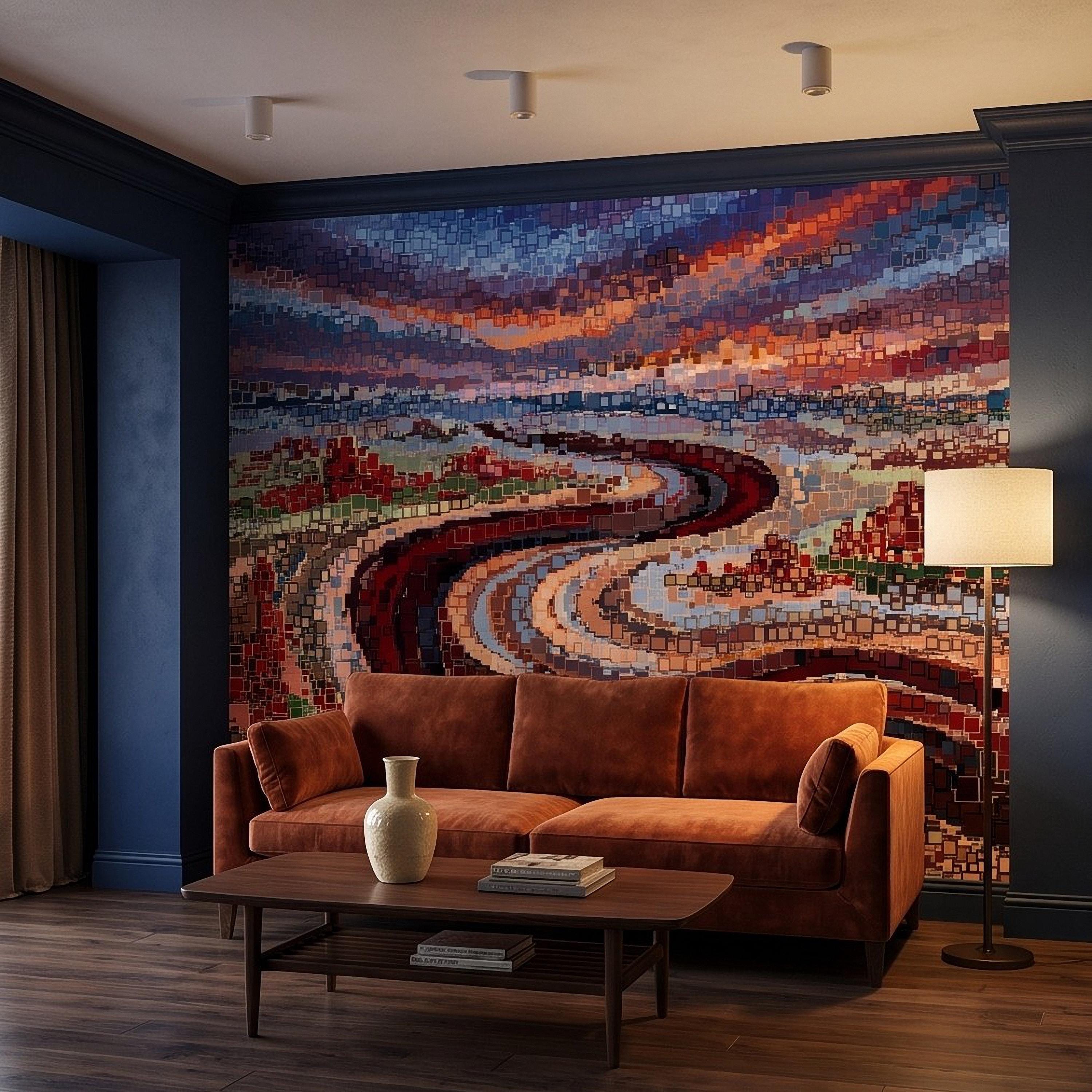 Abstract Mosaic Landscape Peel and Stick Wall Mural, Winding River Sunset Scene, Geometric Square Tiles Colorful Wallpaper