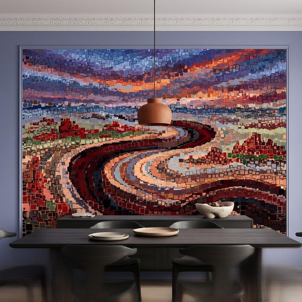 Abstract Mosaic Landscape Peel and Stick Wall Mural, Winding River Sunset Scene, Geometric Square Tiles Colorful Wallpaper
