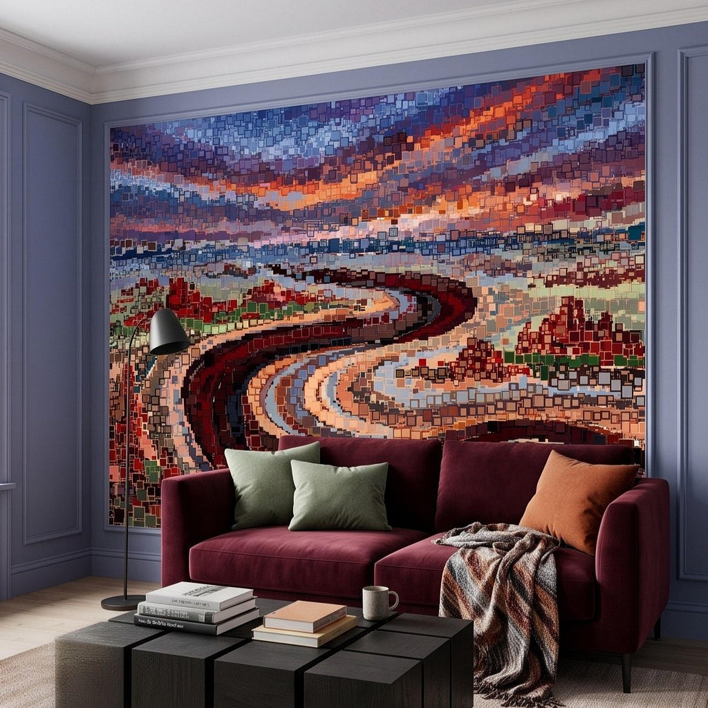 Abstract Mosaic Landscape Peel and Stick Wall Mural, Winding River Sunset Scene, Geometric Square Tiles Colorful Wallpaper