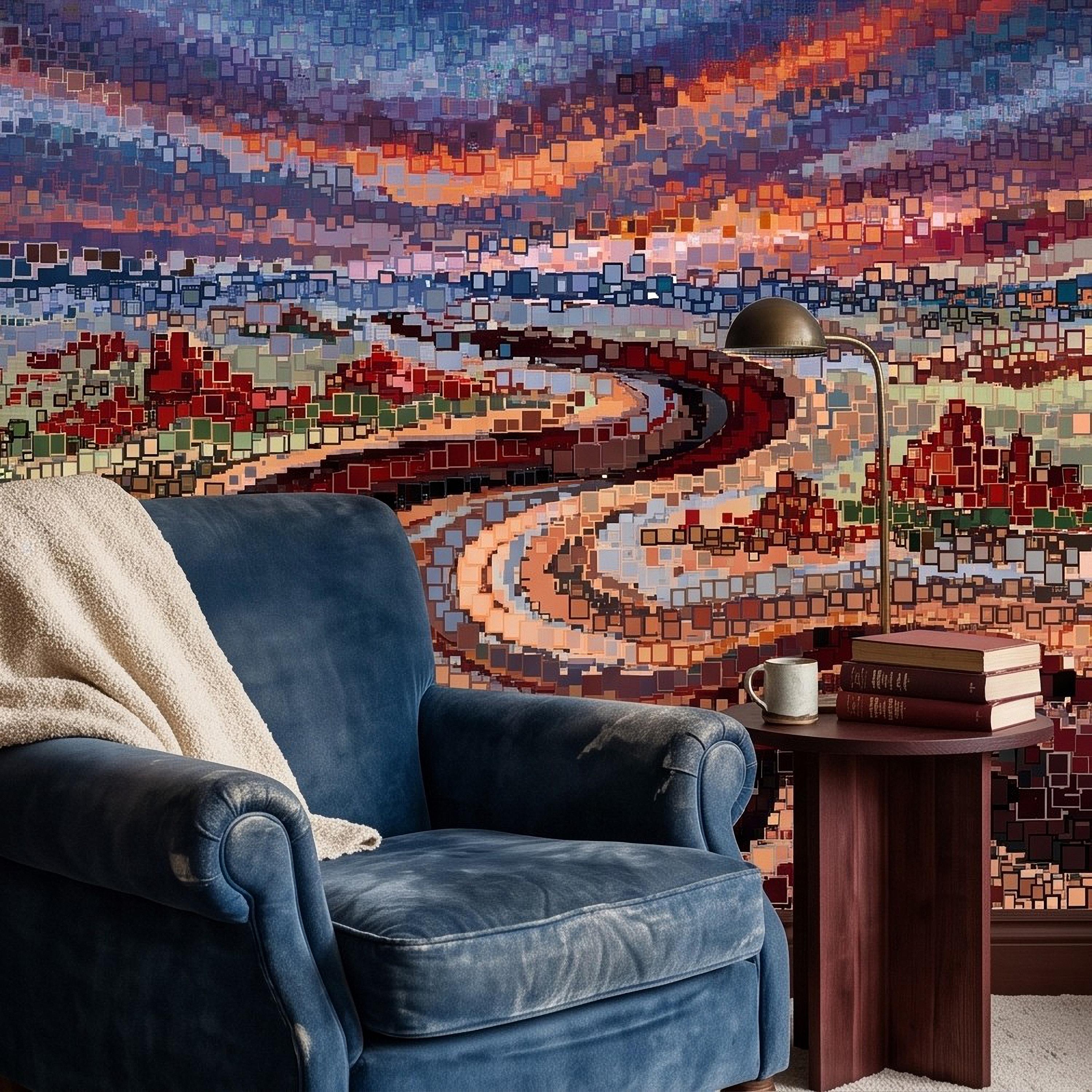 Abstract Mosaic Landscape Peel and Stick Wall Mural, Winding River Sunset Scene, Geometric Square Tiles Colorful Wallpaper