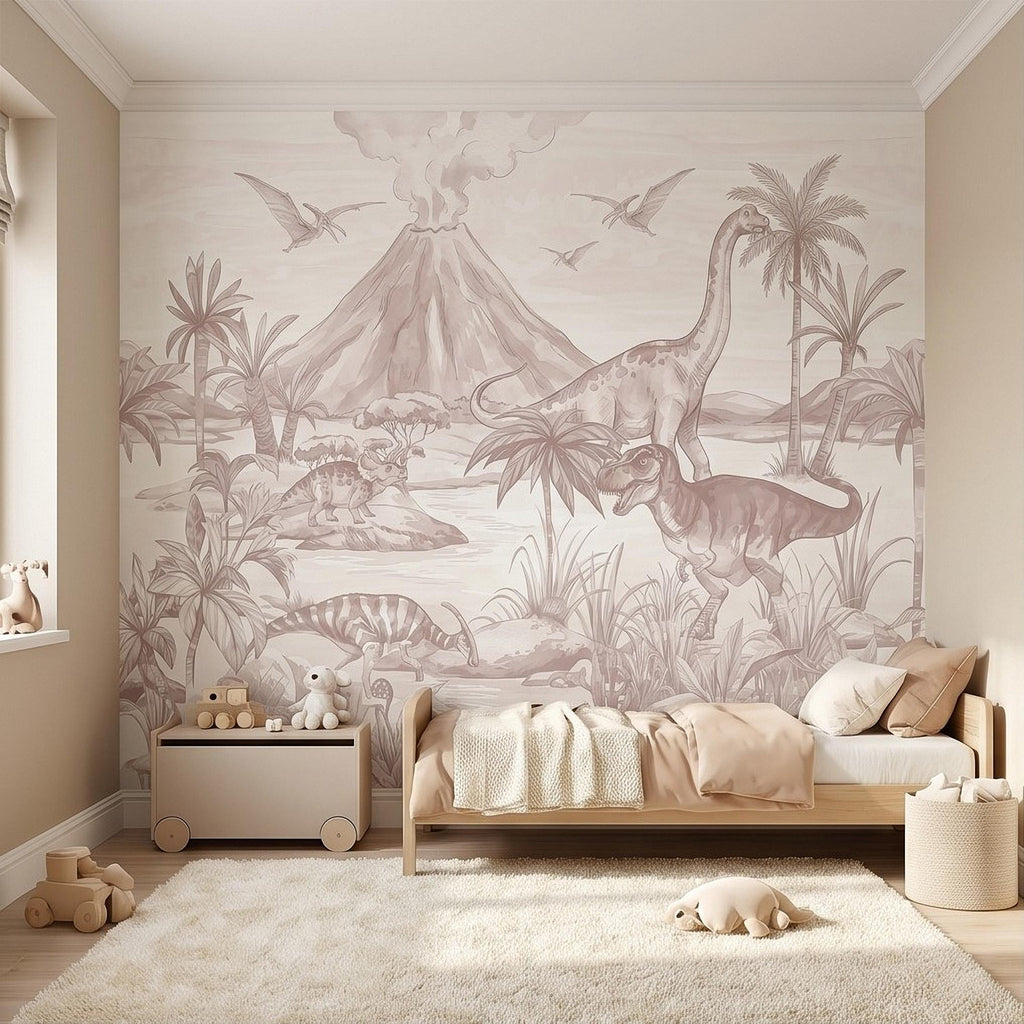 Dinosaur Jungle Peel and Stick Wall Mural, Prehistoric Volcano Landscape Scene T Rex and Brachiosaurus Adventure Kids Room Wallpaper