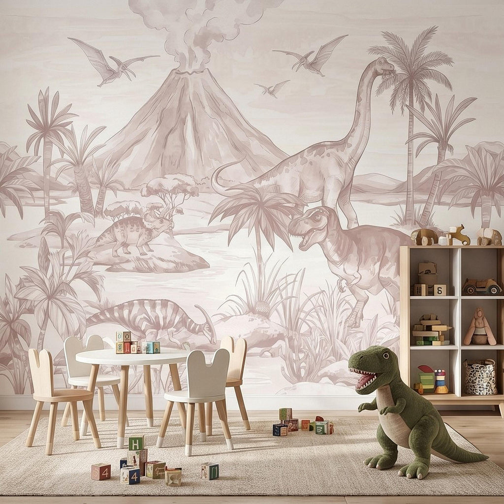 Dinosaur Jungle Peel and Stick Wall Mural, Prehistoric Volcano Landscape Scene T Rex and Brachiosaurus Adventure Kids Room Wallpaper
