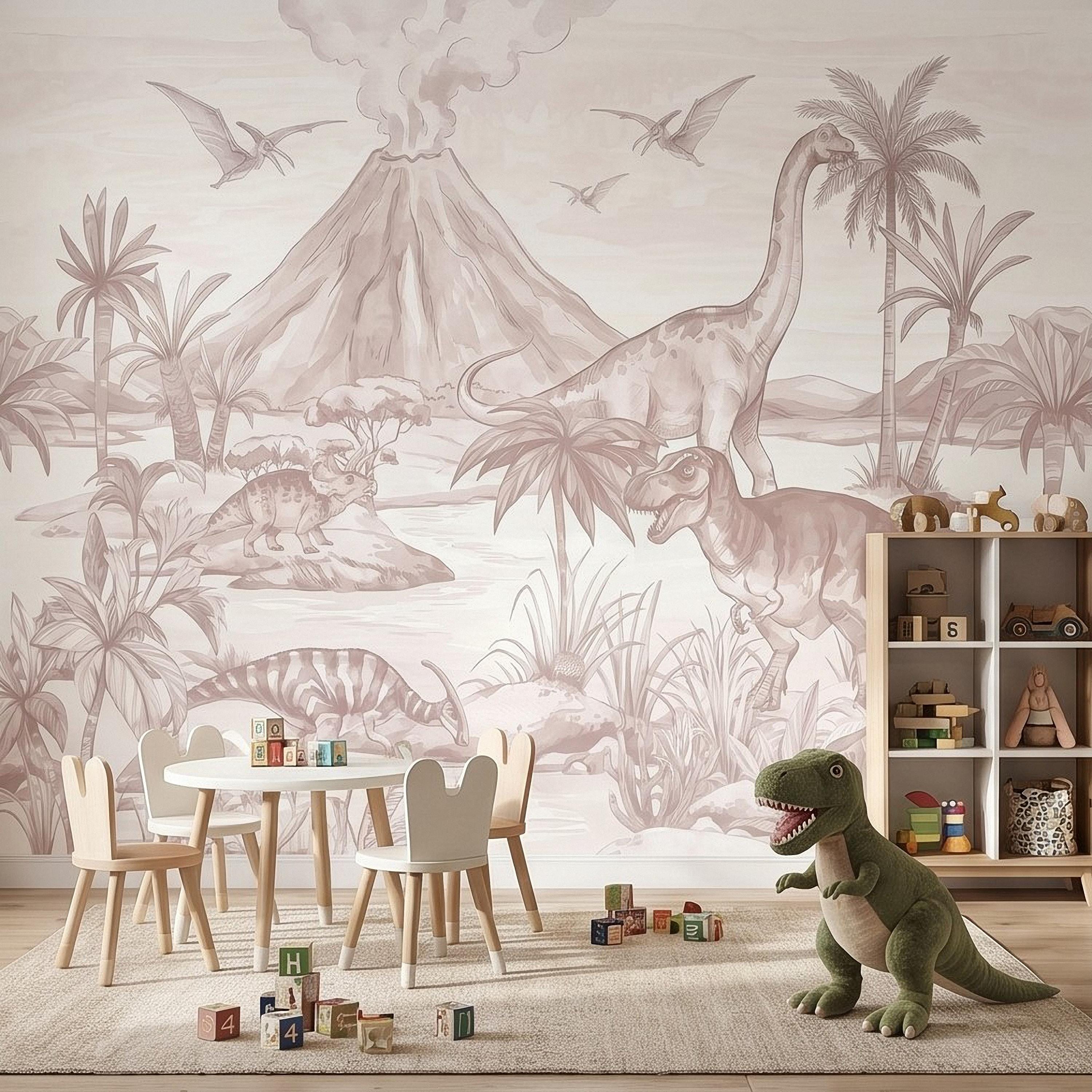 Dinosaur Jungle Peel and Stick Wall Mural, Prehistoric Volcano Landscape Scene T Rex and Brachiosaurus Adventure Kids Room Wallpaper