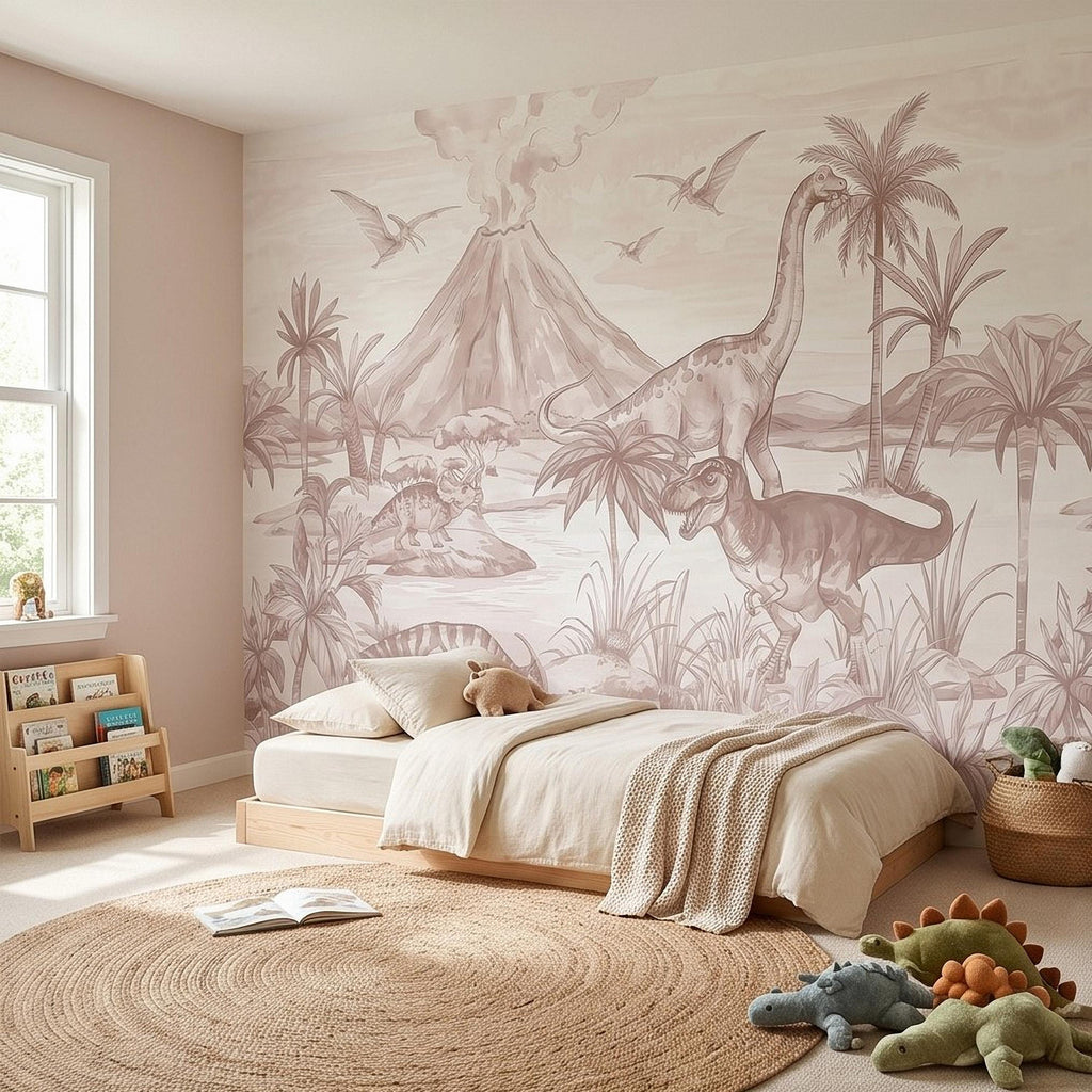 Dinosaur Jungle Peel and Stick Wall Mural, Prehistoric Volcano Landscape Scene T Rex and Brachiosaurus Adventure Kids Room Wallpaper