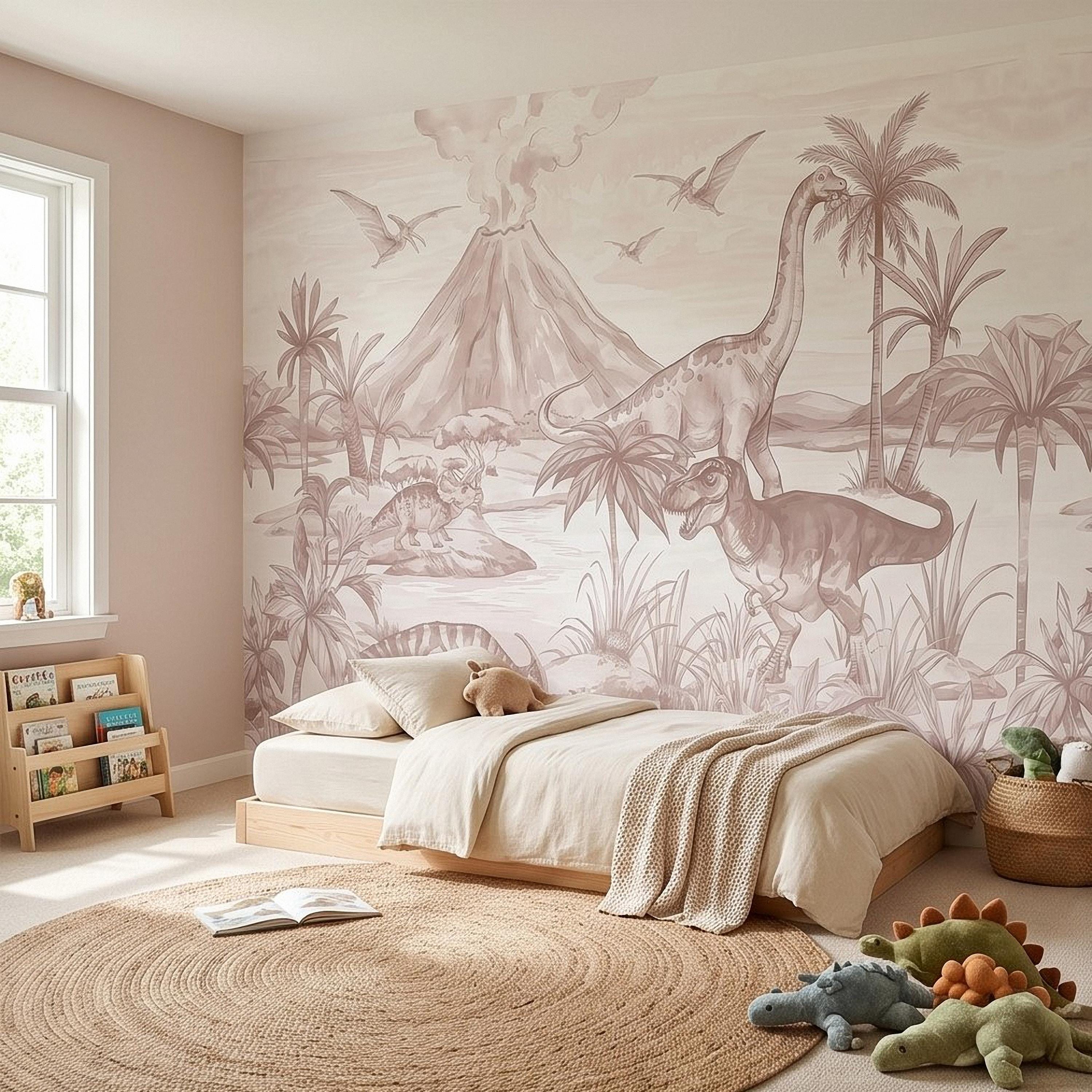 Dinosaur Jungle Peel and Stick Wall Mural, Prehistoric Volcano Landscape Scene T Rex and Brachiosaurus Adventure Kids Room Wallpaper