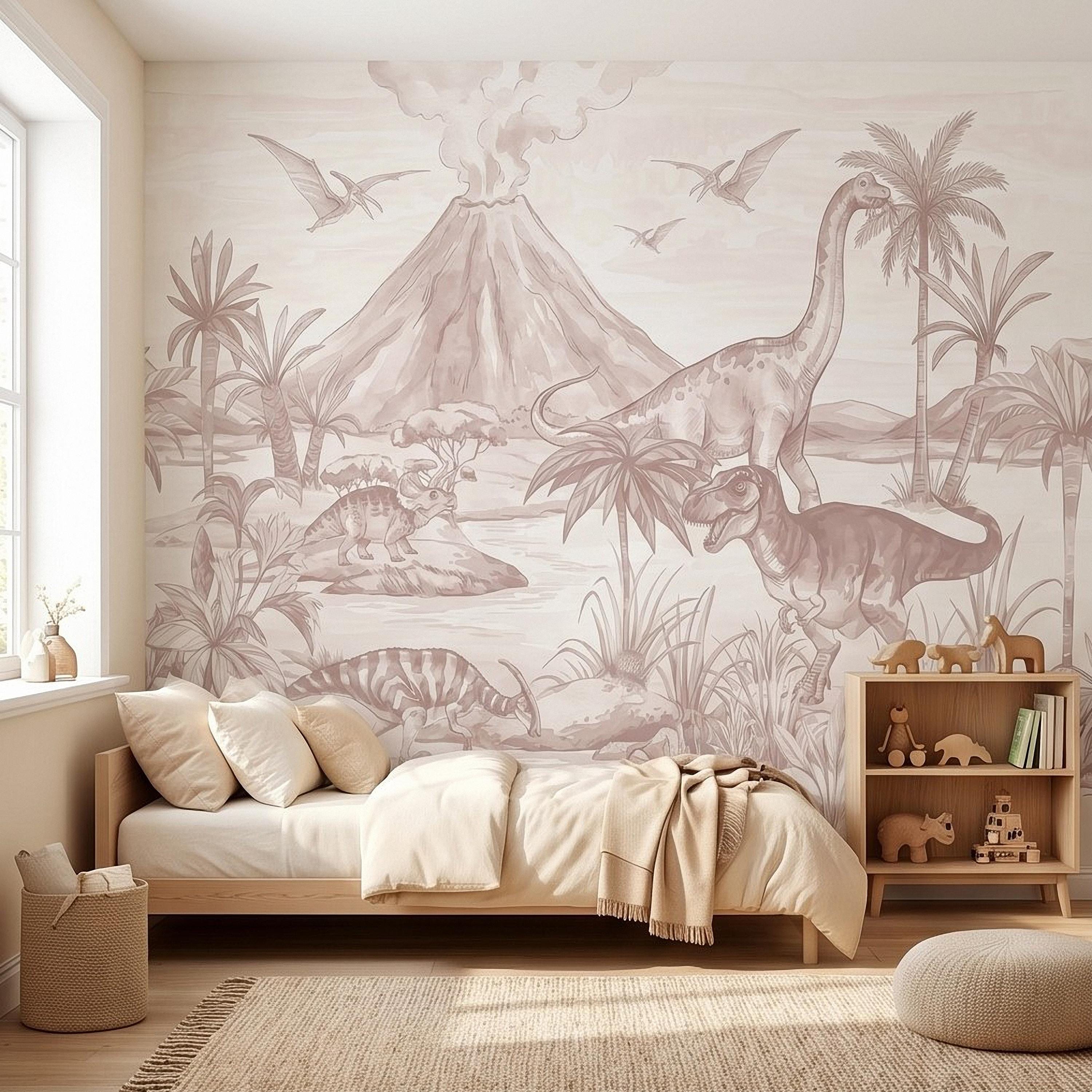 Dinosaur Jungle Peel and Stick Wall Mural, Prehistoric Volcano Landscape Scene T Rex and Brachiosaurus Adventure Kids Room Wallpaper