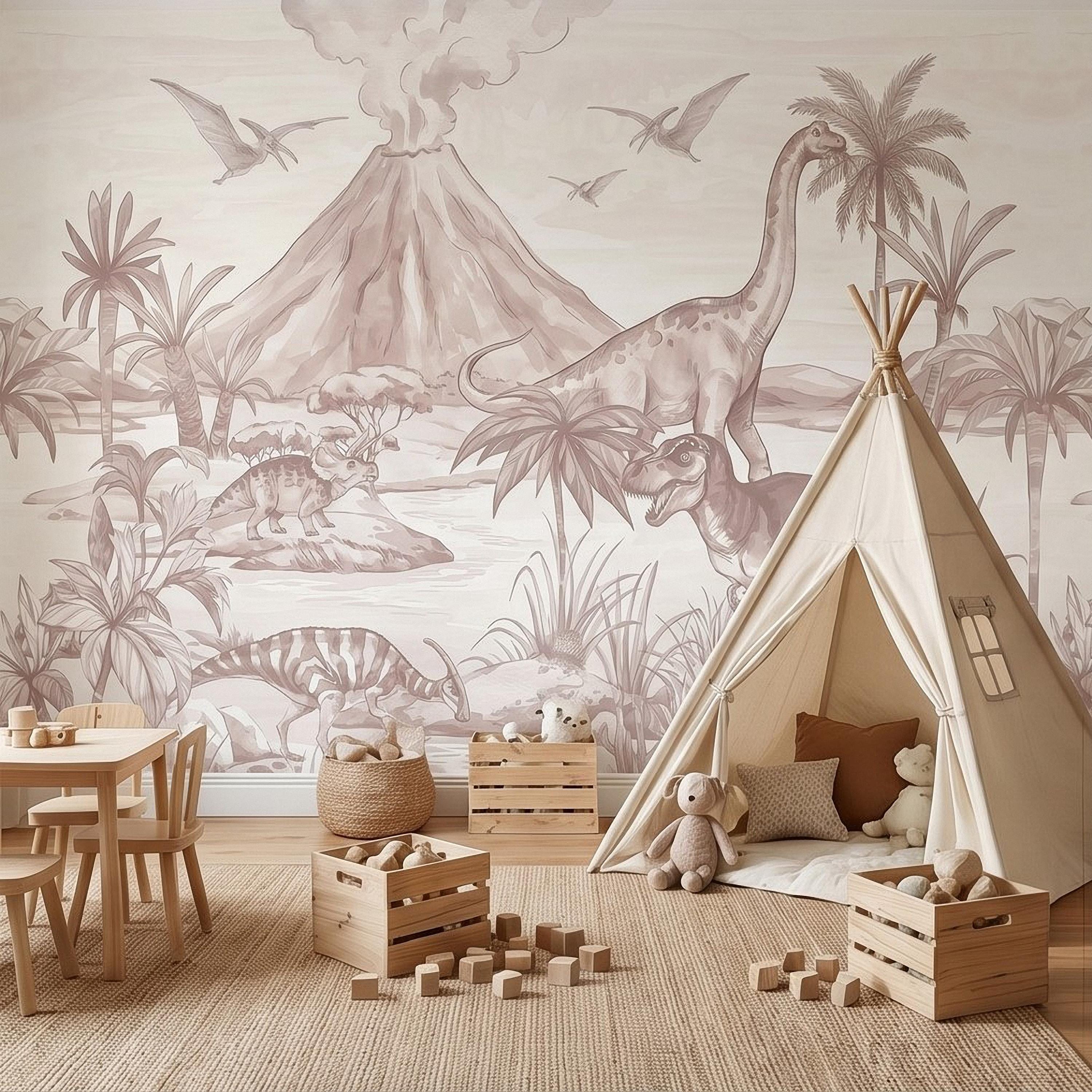 Dinosaur Jungle Peel and Stick Wall Mural, Prehistoric Volcano Landscape Scene T Rex and Brachiosaurus Adventure Kids Room Wallpaper