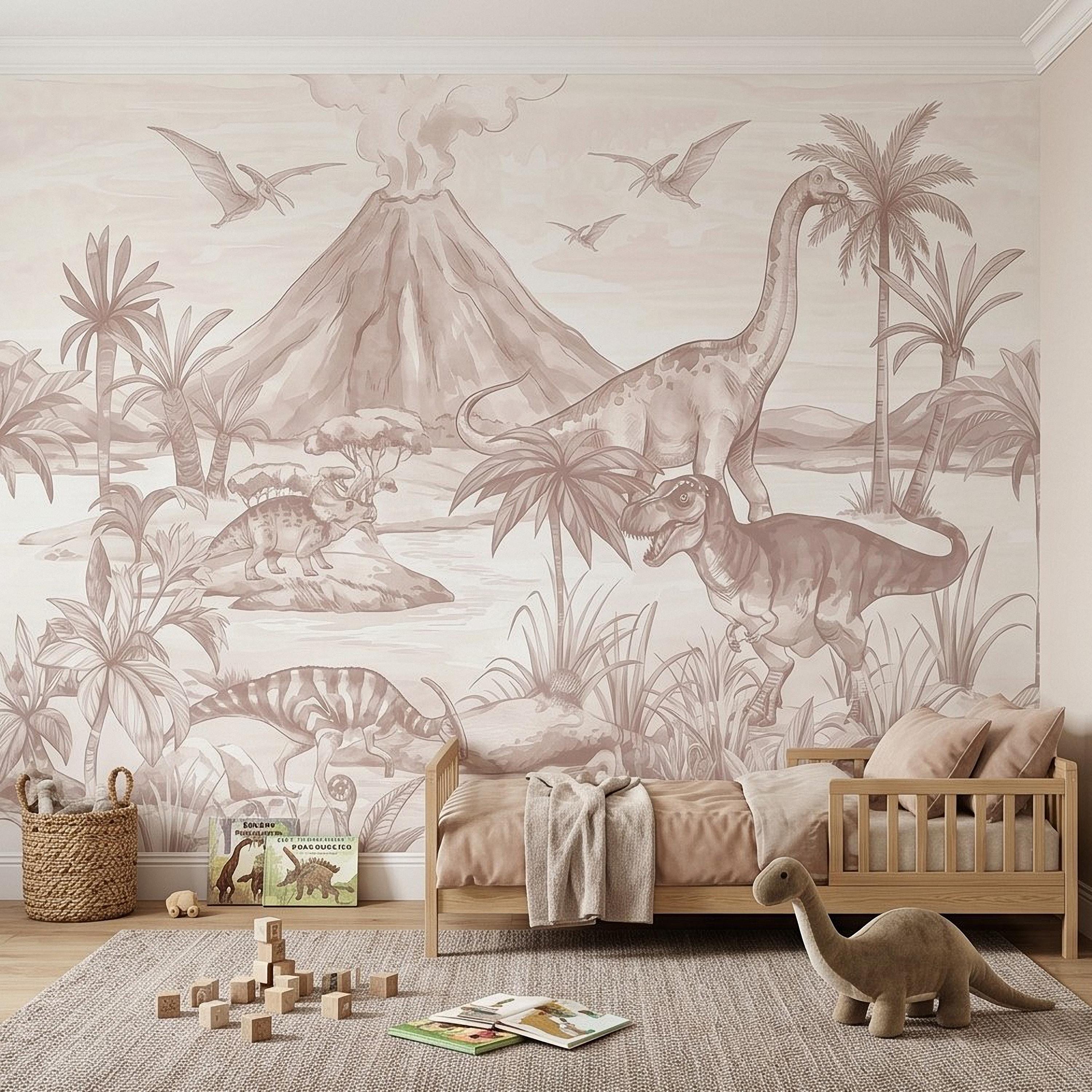 Dinosaur Jungle Peel and Stick Wall Mural, Prehistoric Volcano Landscape Scene T Rex and Brachiosaurus Adventure Kids Room Wallpaper