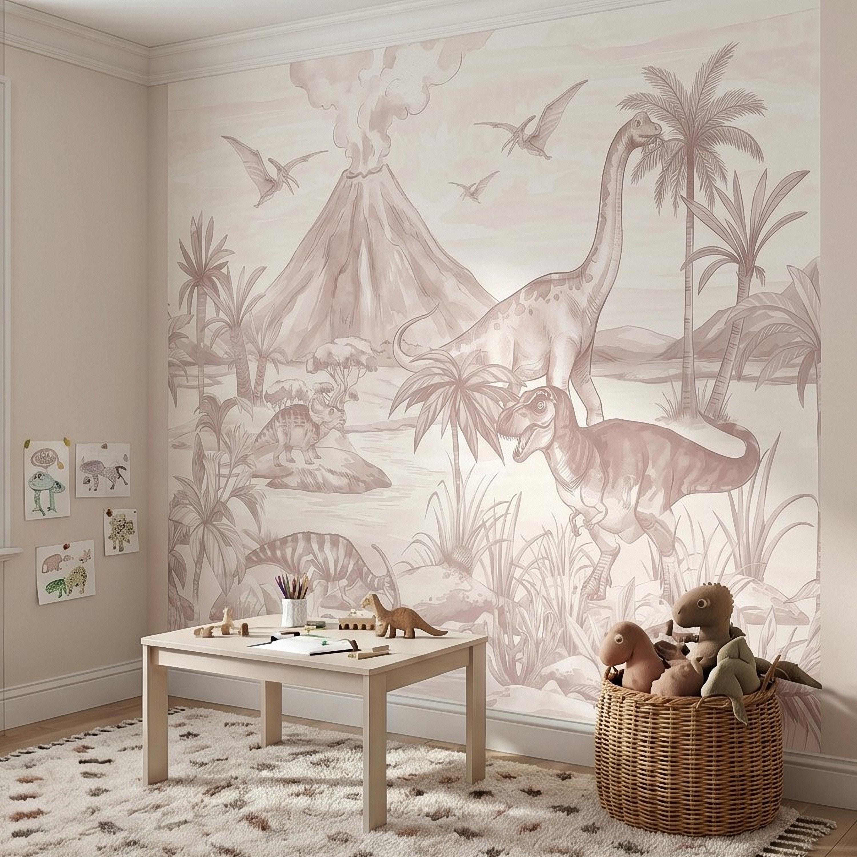 Dinosaur Jungle Peel and Stick Wall Mural, Prehistoric Volcano Landscape Scene T Rex and Brachiosaurus Adventure Kids Room Wallpaper