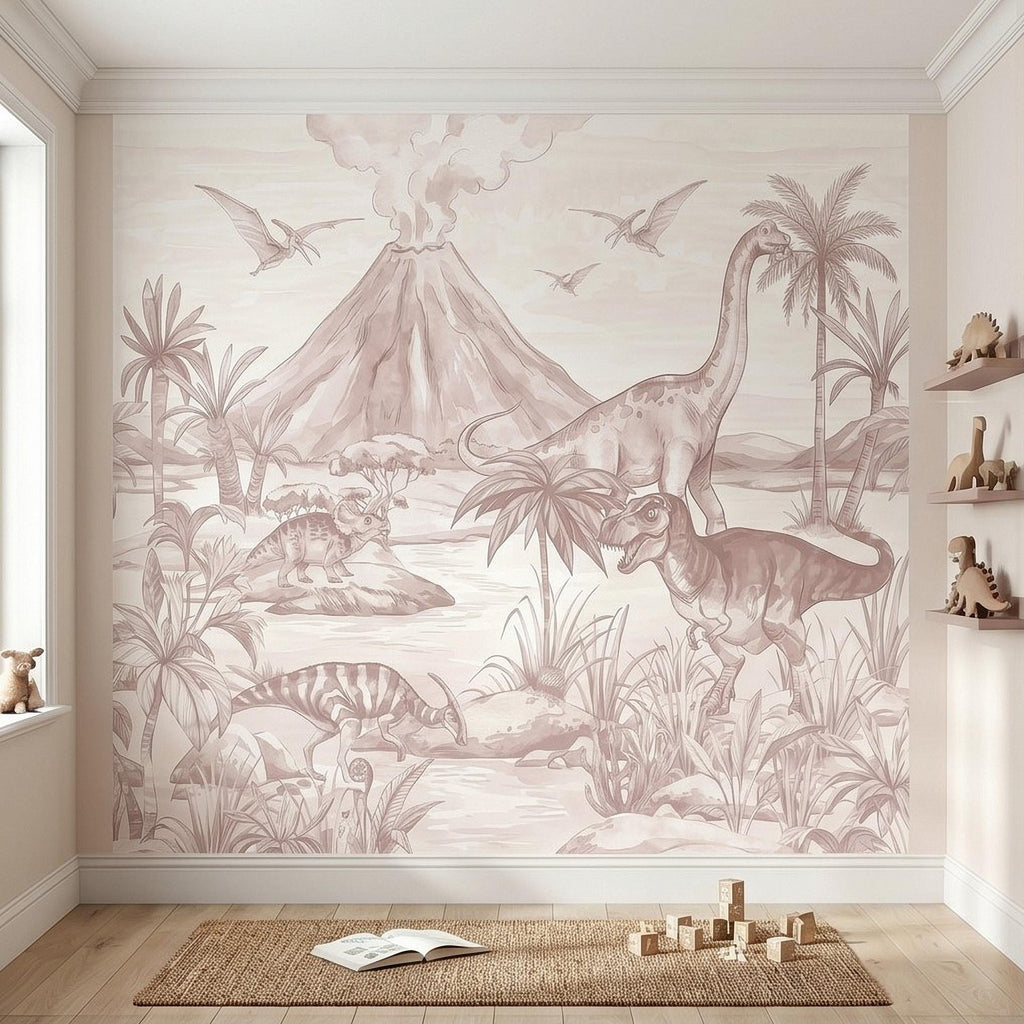 Dinosaur Jungle Peel and Stick Wall Mural, Prehistoric Volcano Landscape Scene T Rex and Brachiosaurus Adventure Kids Room Wallpaper