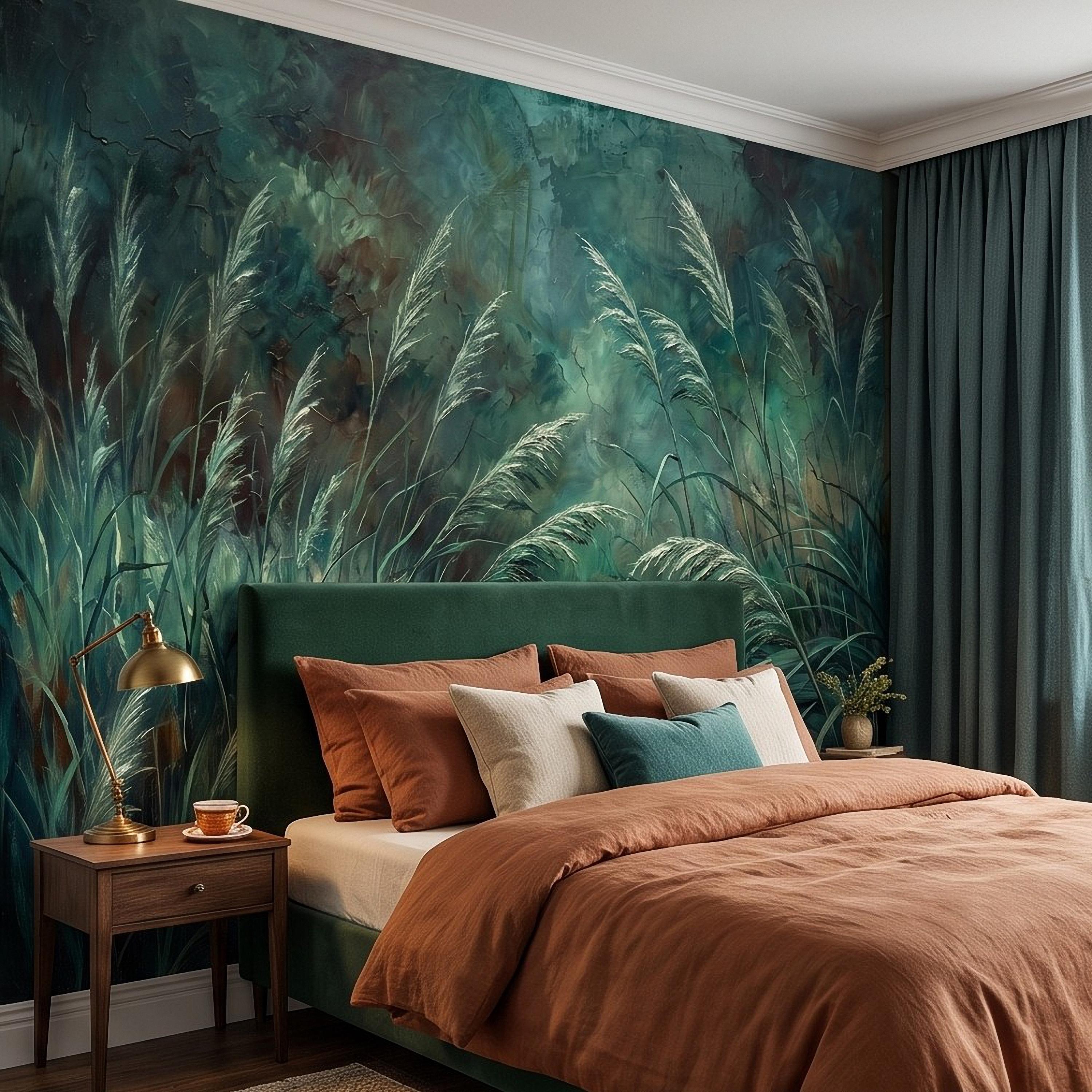 Moody Pampas Grass Peel and Stick Wall Mural, Dark Botanical Meadow Dramatic Wild Reeds Nature Wallpaper