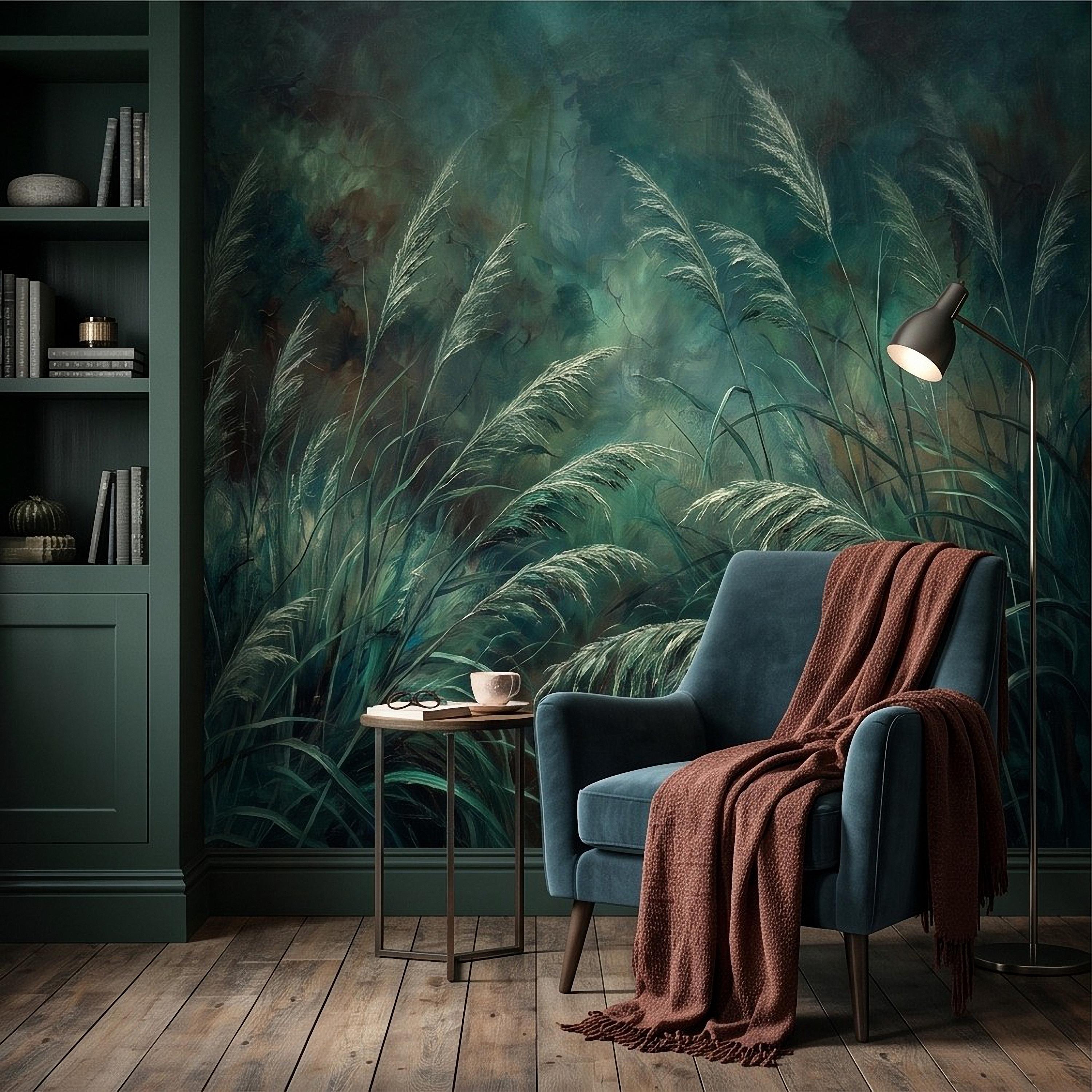 Moody Pampas Grass Peel and Stick Wall Mural, Dark Botanical Meadow Dramatic Wild Reeds Nature Wallpaper
