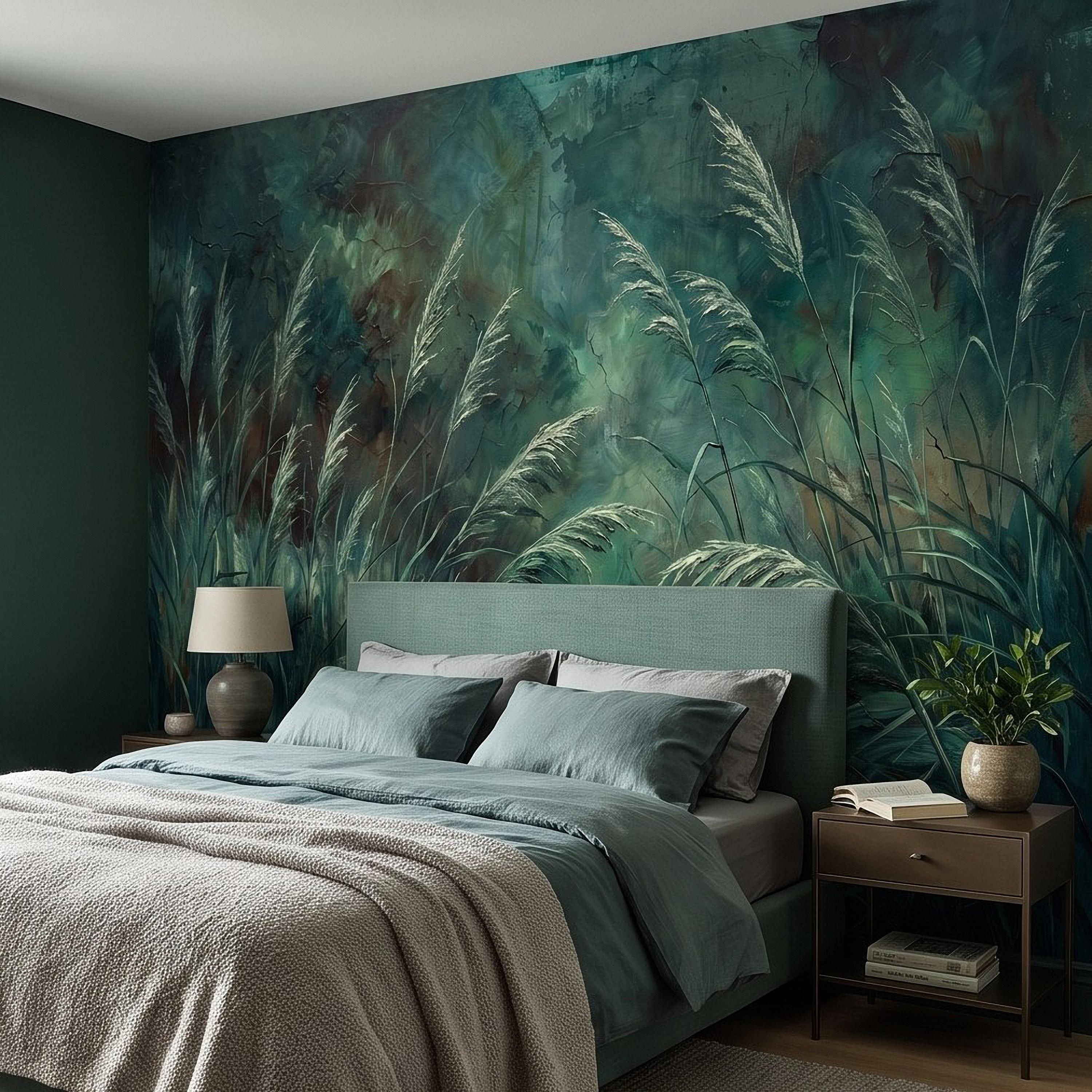 Moody Pampas Grass Peel and Stick Wall Mural, Dark Botanical Meadow Dramatic Wild Reeds Nature Wallpaper