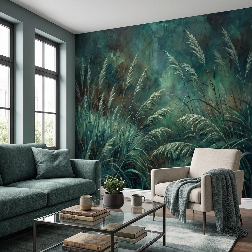 Moody Pampas Grass Peel and Stick Wall Mural, Dark Botanical Meadow Dramatic Wild Reeds Nature Wallpaper