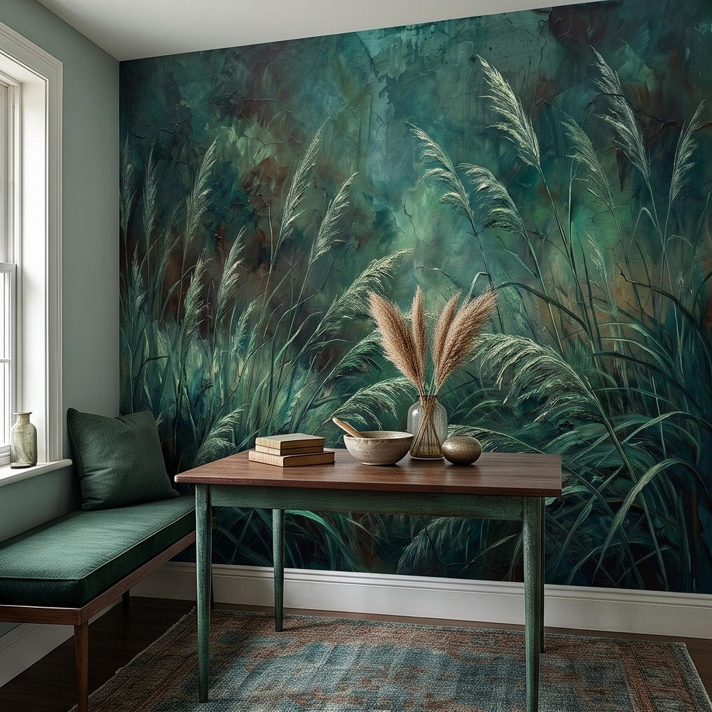 Moody Pampas Grass Peel and Stick Wall Mural, Dark Botanical Meadow Dramatic Wild Reeds Nature Wallpaper