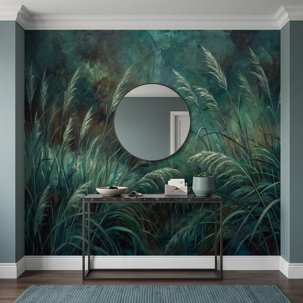 Moody Pampas Grass Peel and Stick Wall Mural, Dark Botanical Meadow Dramatic Wild Reeds Nature Wallpaper