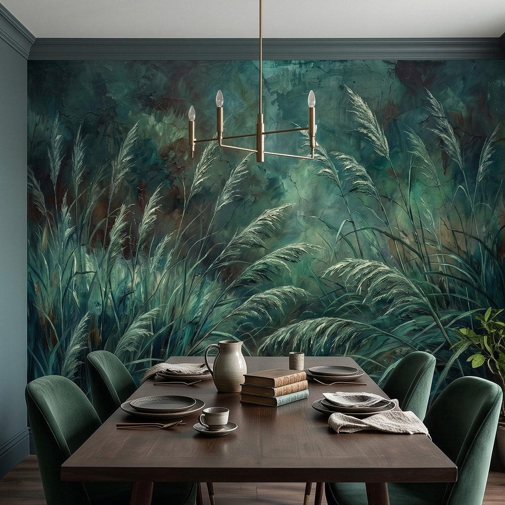 Moody Pampas Grass Peel and Stick Wall Mural, Dark Botanical Meadow Dramatic Wild Reeds Nature Wallpaper