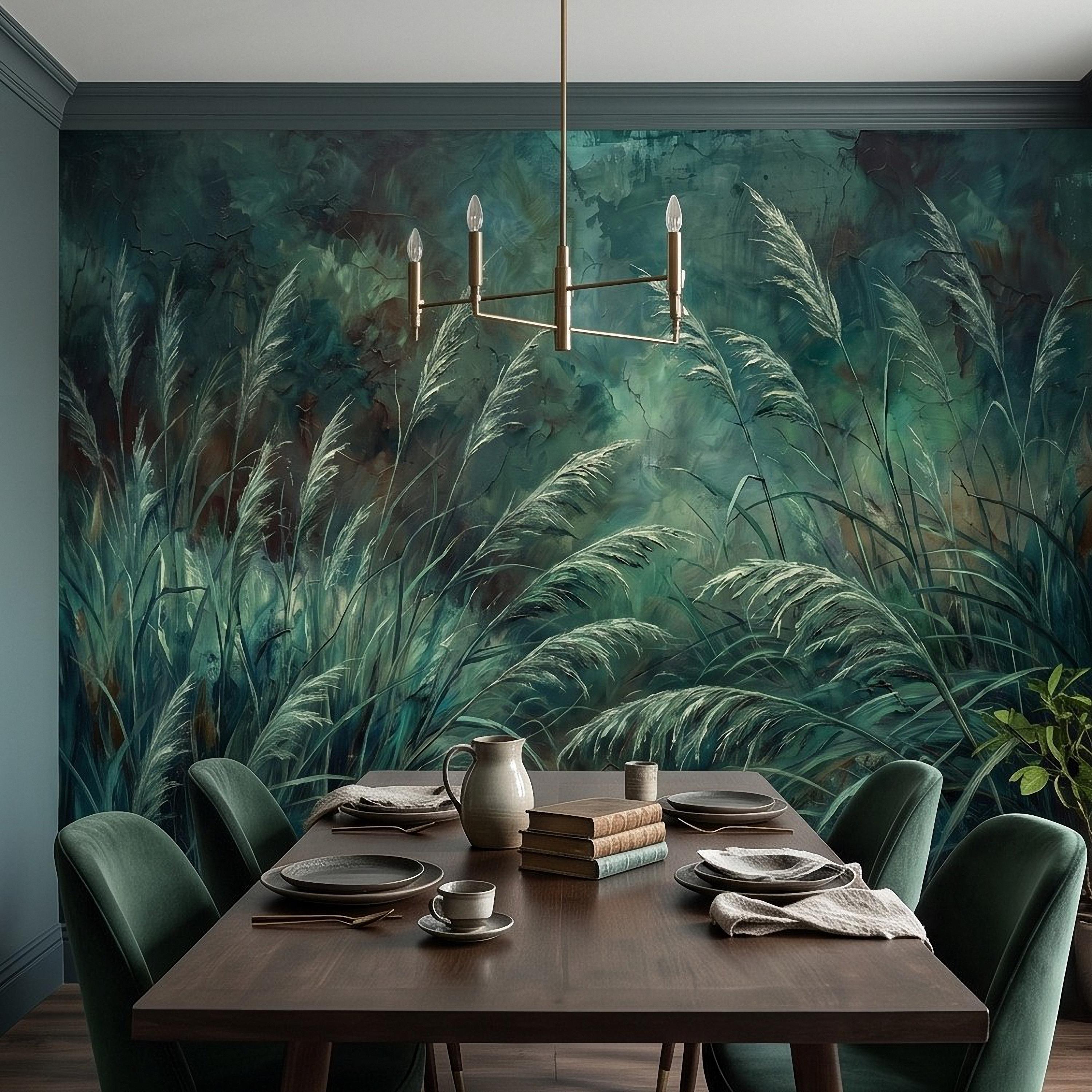 Moody Pampas Grass Peel and Stick Wall Mural, Dark Botanical Meadow Dramatic Wild Reeds Nature Wallpaper