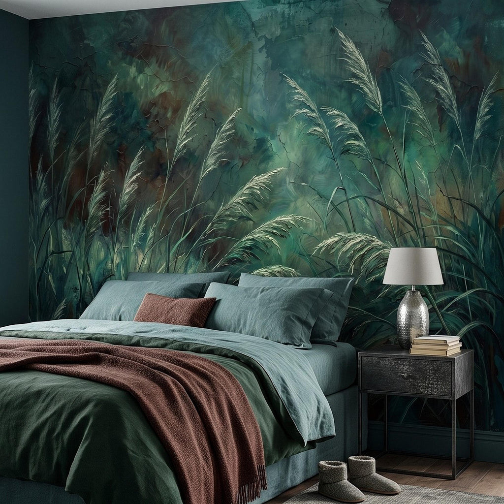 Moody Pampas Grass Peel and Stick Wall Mural, Dark Botanical Meadow Dramatic Wild Reeds Nature Wallpaper