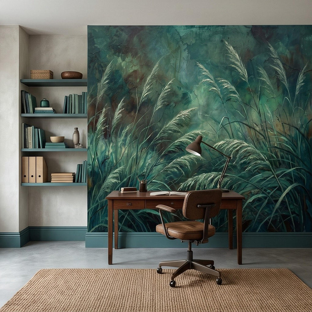 Moody Pampas Grass Peel and Stick Wall Mural, Dark Botanical Meadow Dramatic Wild Reeds Nature Wallpaper