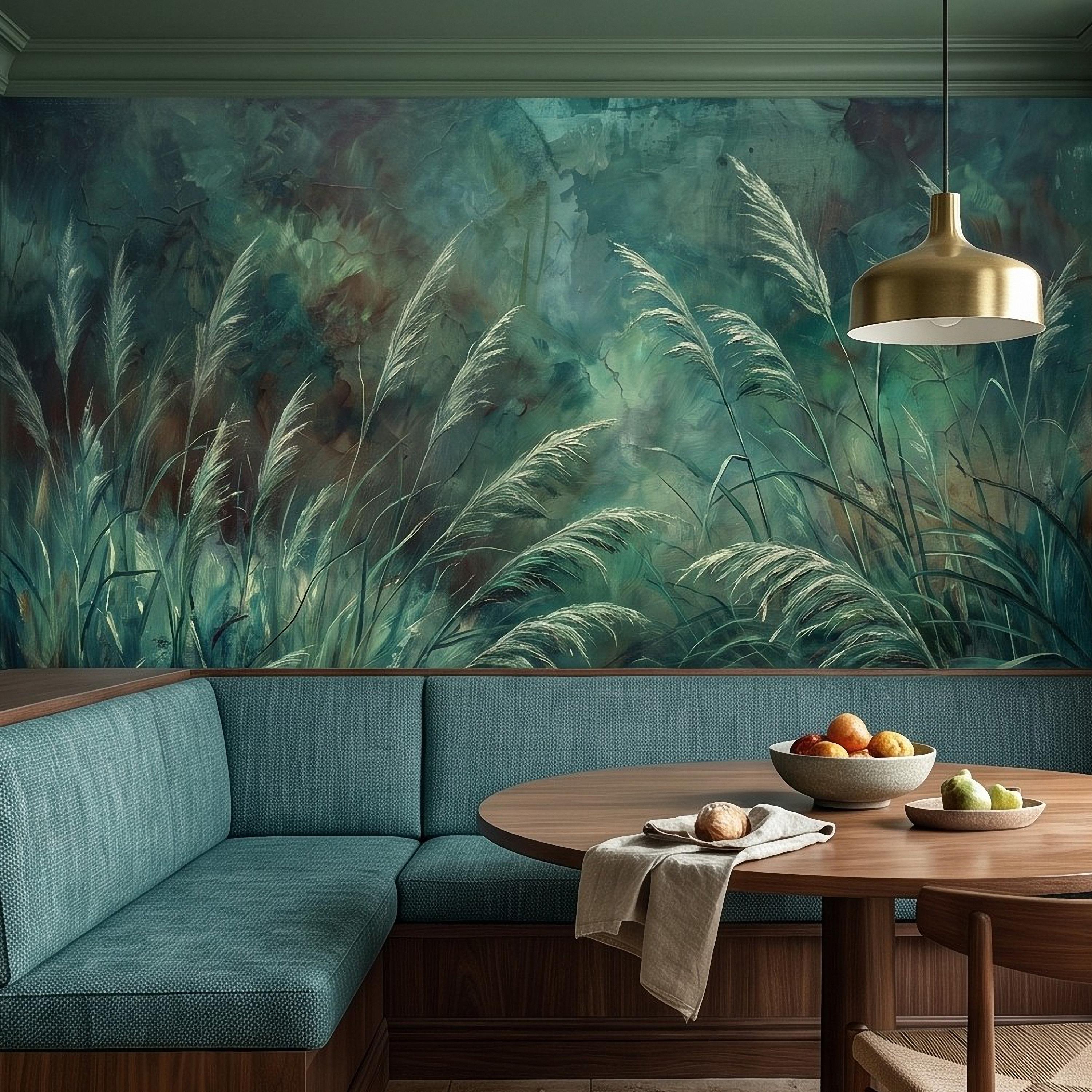 Moody Pampas Grass Peel and Stick Wall Mural, Dark Botanical Meadow Dramatic Wild Reeds Nature Wallpaper