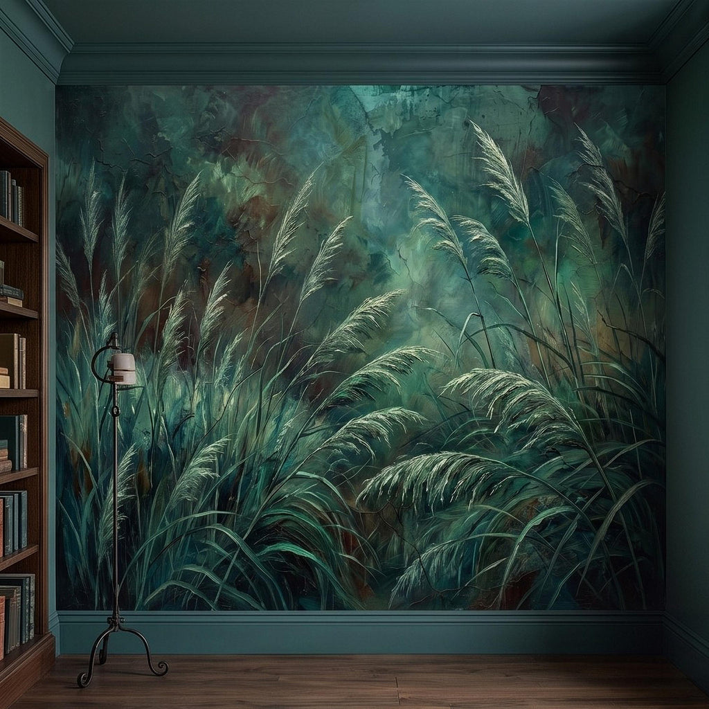 Moody Pampas Grass Peel and Stick Wall Mural, Dark Botanical Meadow Dramatic Wild Reeds Nature Wallpaper