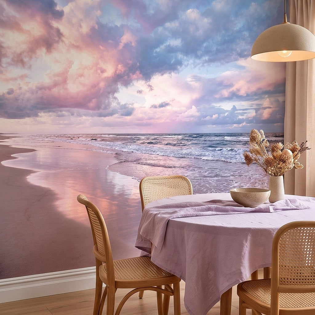 Pastel Beach Sunset Peel and Stick Wall Mural, Ocean Waves and Pink Sky Coastal Shoreline Reflection Seascape Wallpaper