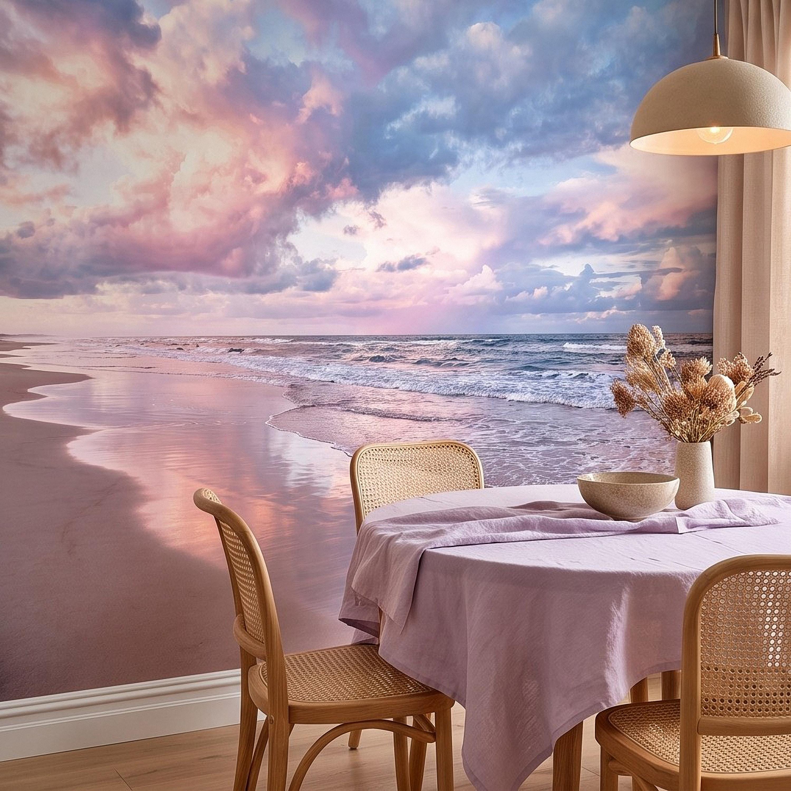 Pastel Beach Sunset Peel and Stick Wall Mural, Ocean Waves and Pink Sky Coastal Shoreline Reflection Seascape Wallpaper
