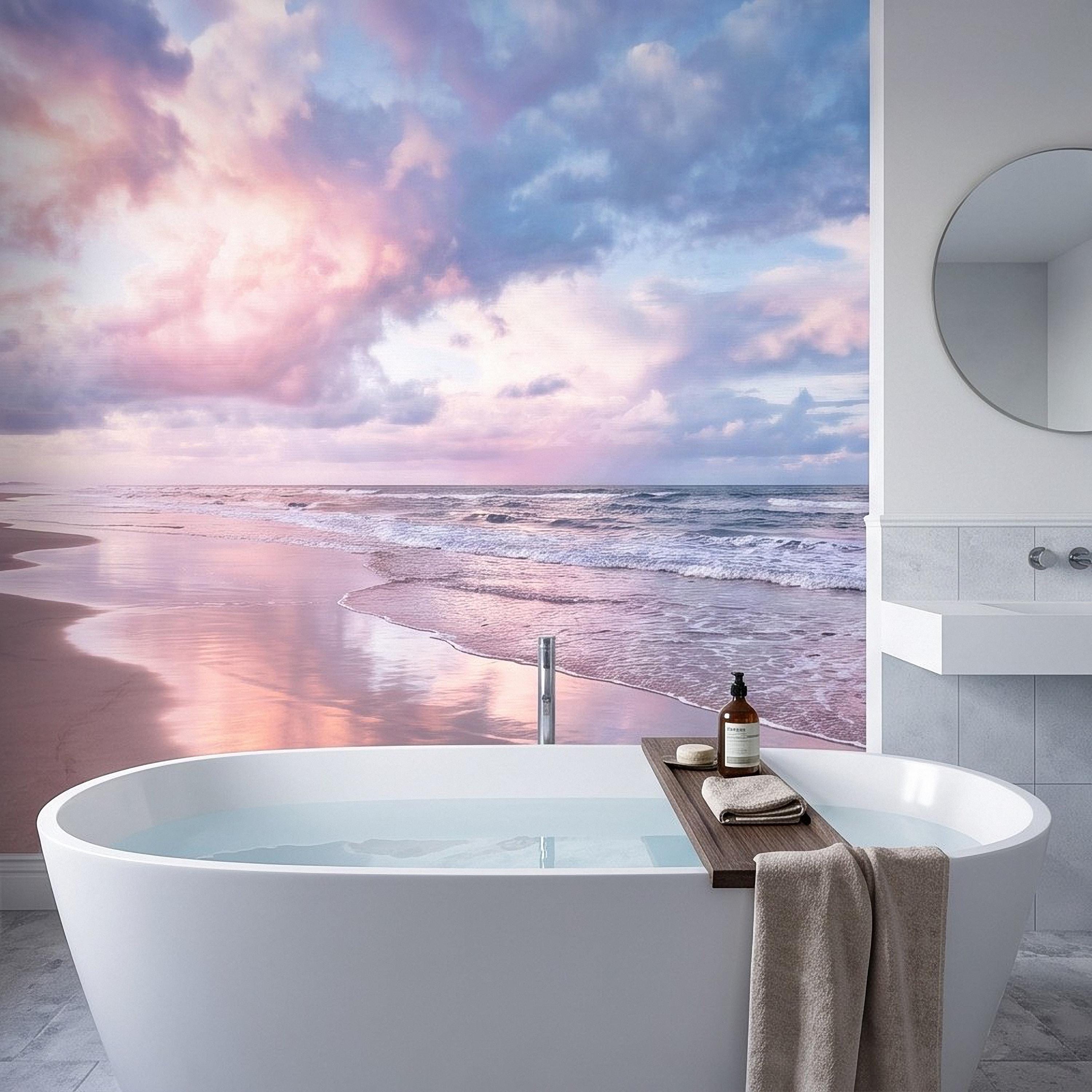 Pastel Beach Sunset Peel and Stick Wall Mural, Ocean Waves and Pink Sky Coastal Shoreline Reflection Seascape Wallpaper
