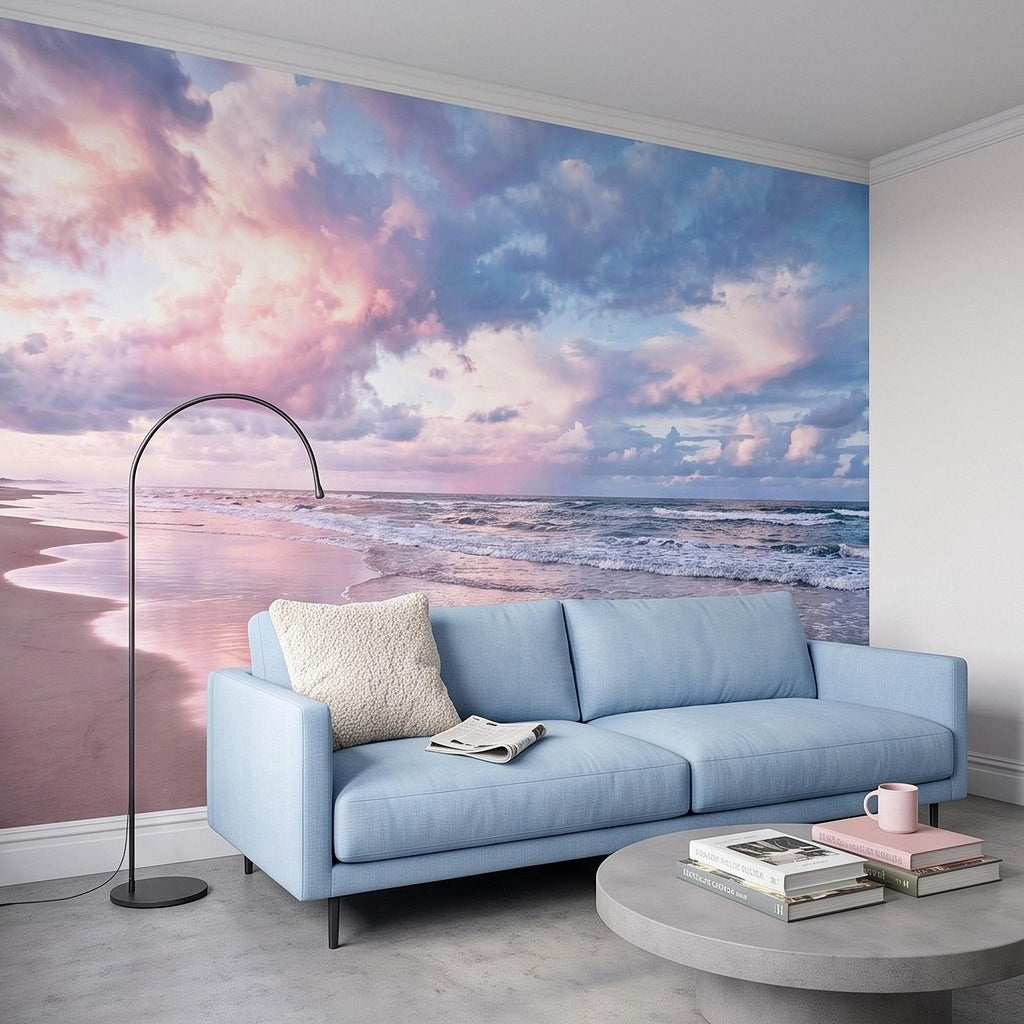 Pastel Beach Sunset Peel and Stick Wall Mural, Ocean Waves and Pink Sky Coastal Shoreline Reflection Seascape Wallpaper