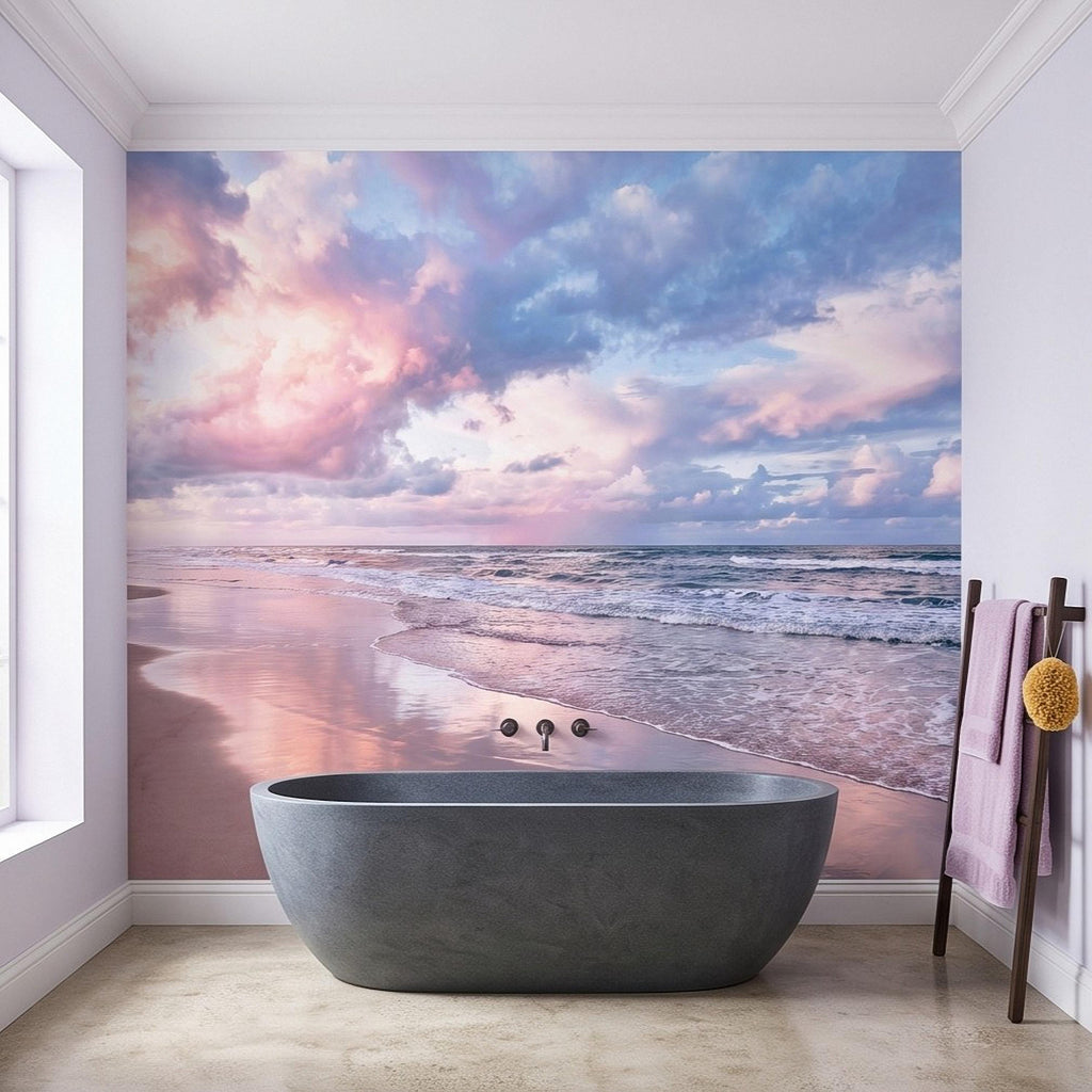 Pastel Beach Sunset Peel and Stick Wall Mural, Ocean Waves and Pink Sky Coastal Shoreline Reflection Seascape Wallpaper