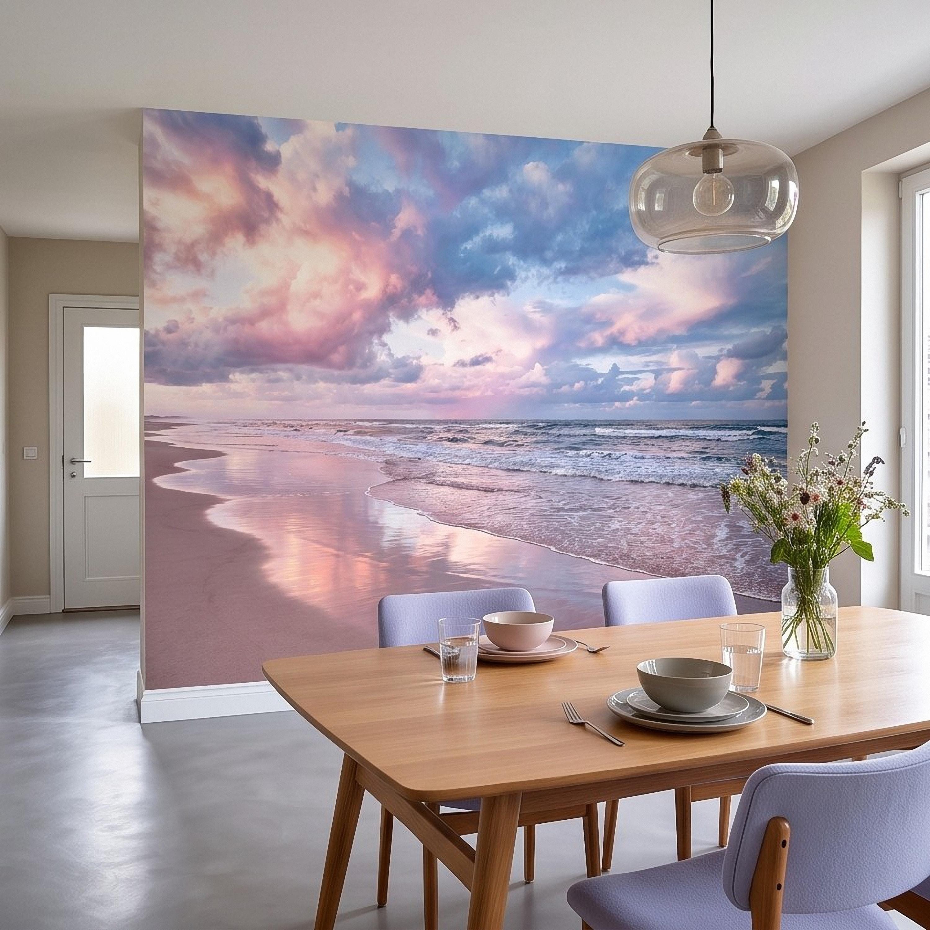 Pastel Beach Sunset Peel and Stick Wall Mural, Ocean Waves and Pink Sky Coastal Shoreline Reflection Seascape Wallpaper
