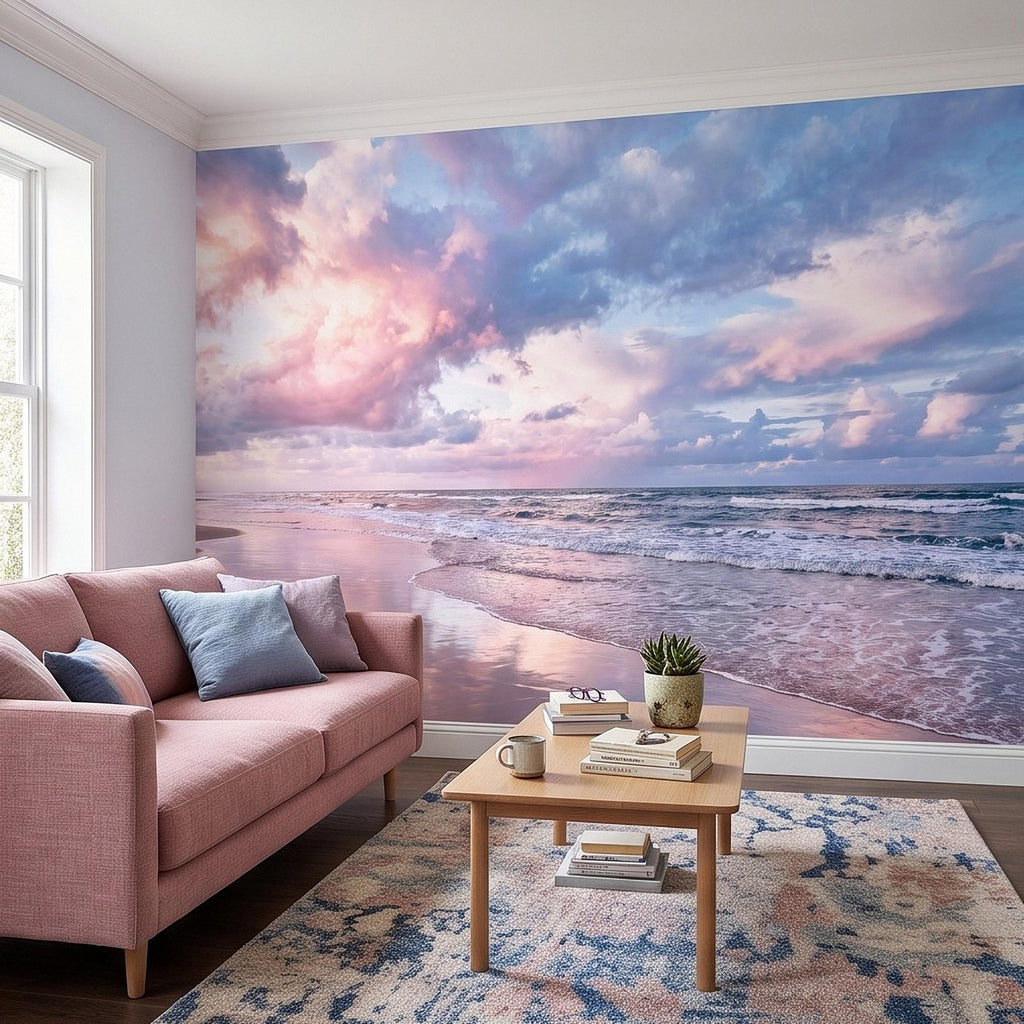 Pastel Beach Sunset Peel and Stick Wall Mural, Ocean Waves and Pink Sky Coastal Shoreline Reflection Seascape Wallpaper