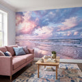 Pastel Beach Sunset Peel and Stick Wall Mural, Ocean Waves and Pink Sky Coastal Shoreline Reflection Seascape Wallpaper