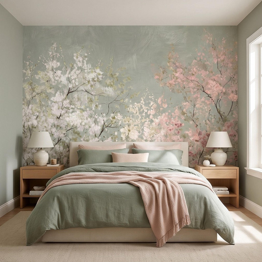 Cherry Blossom Peel and Stick Wall Mural, Soft Spring Blossom Trees, Painterly Botanical Branches White and Pink Floral Wallpaper