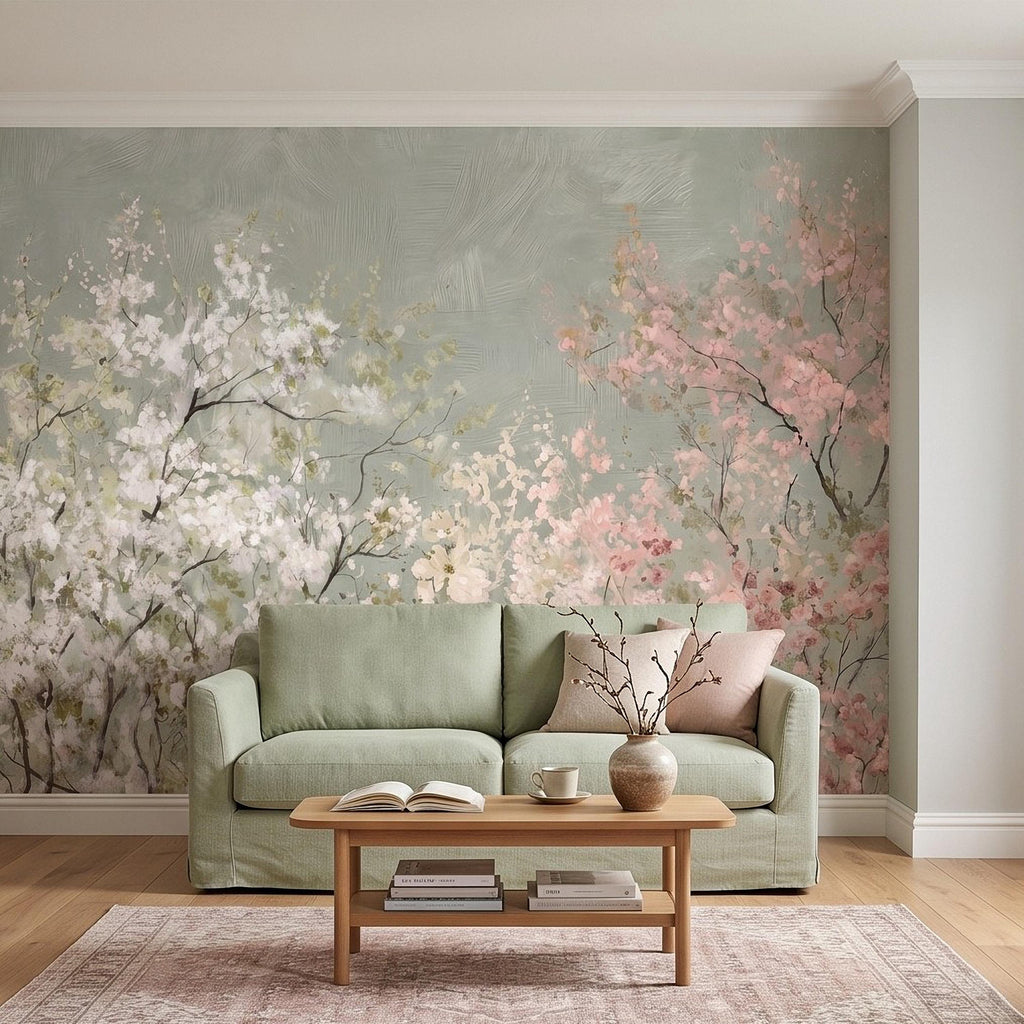 Cherry Blossom Peel and Stick Wall Mural, Soft Spring Blossom Trees, Painterly Botanical Branches White and Pink Floral Wallpaper