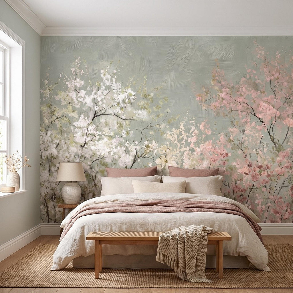 Cherry Blossom Peel and Stick Wall Mural, Soft Spring Blossom Trees, Painterly Botanical Branches White and Pink Floral Wallpaper