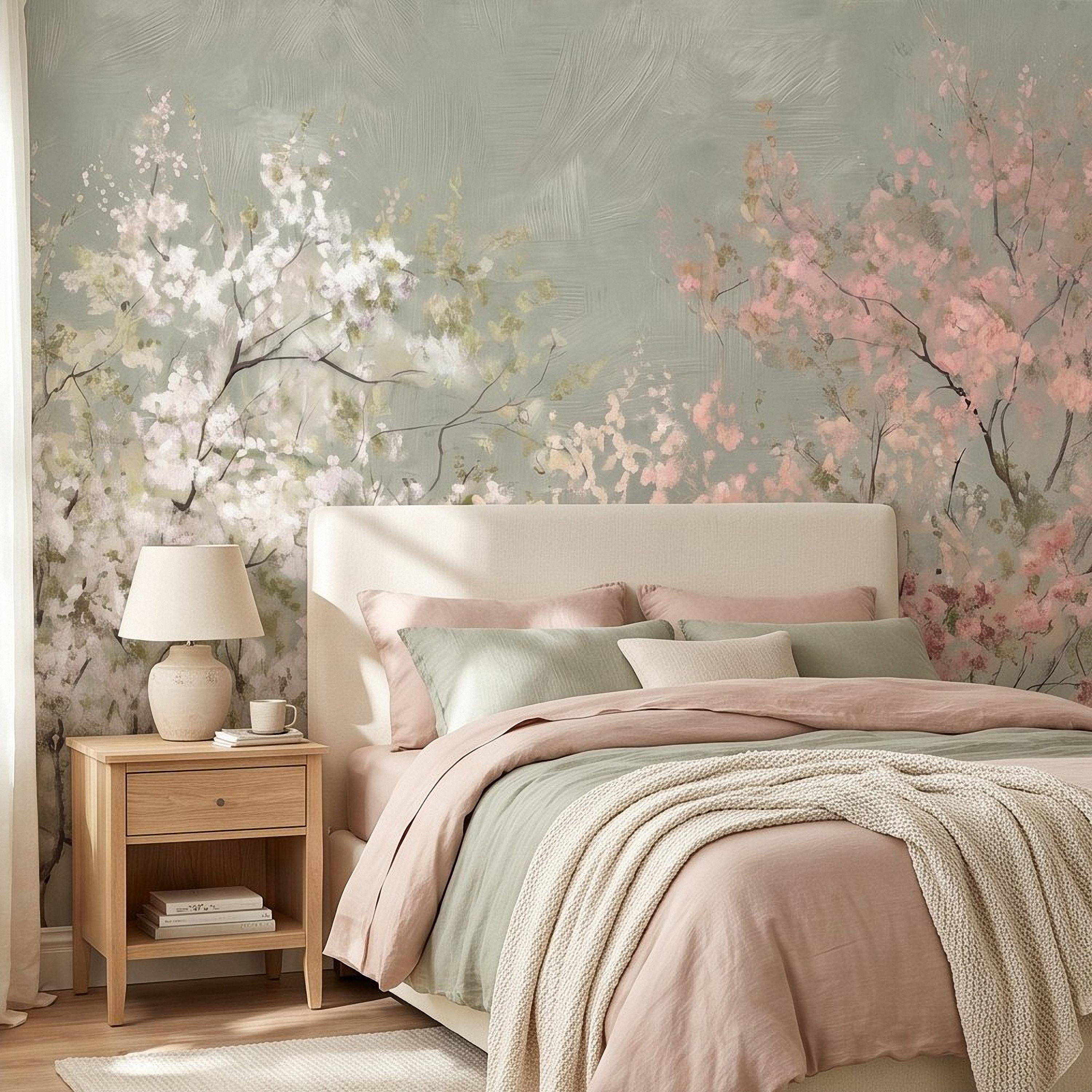 Cherry Blossom Peel and Stick Wall Mural, Soft Spring Blossom Trees, Painterly Botanical Branches White and Pink Floral Wallpaper