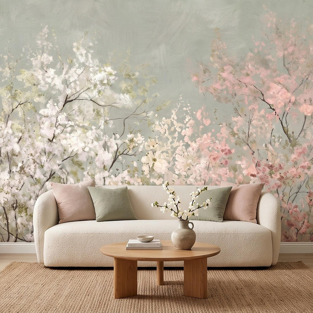 Cherry Blossom Peel and Stick Wall Mural, Soft Spring Blossom Trees, Painterly Botanical Branches White and Pink Floral Wallpaper