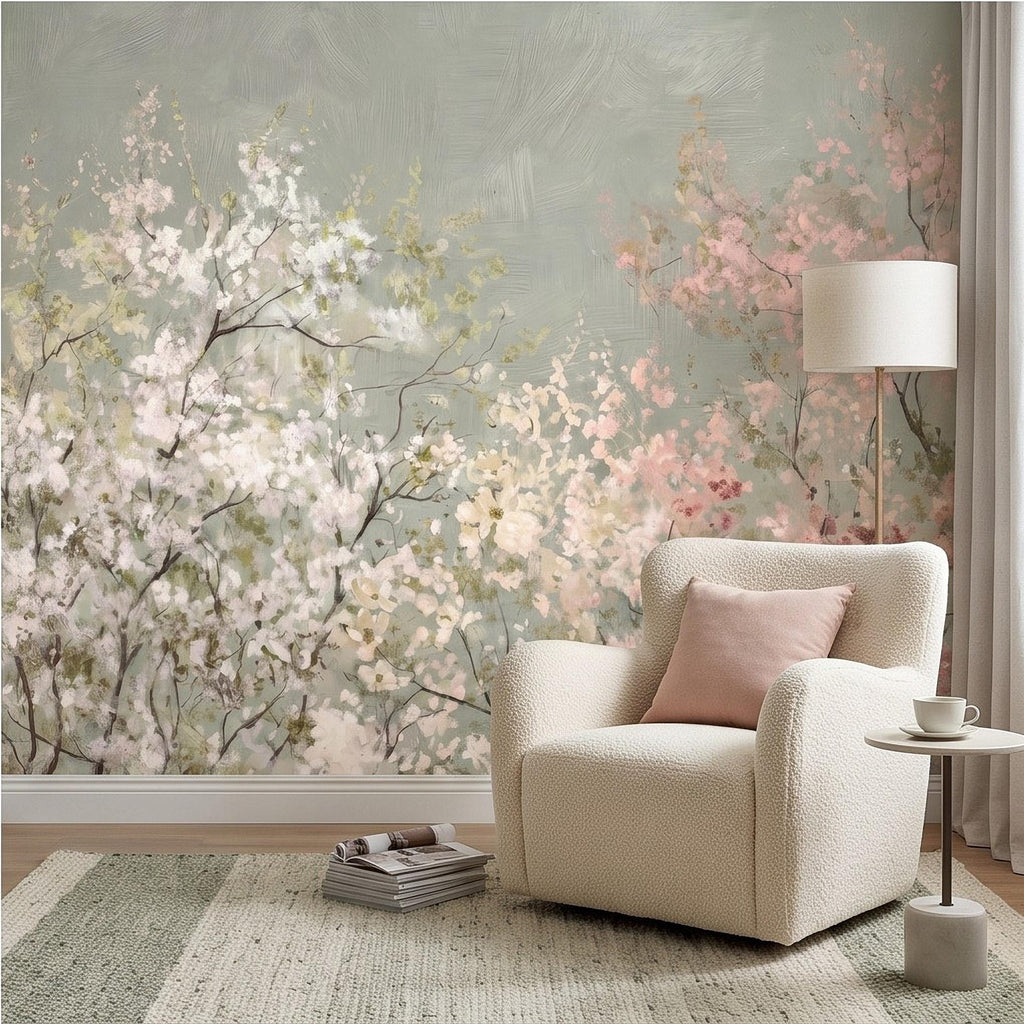 Cherry Blossom Peel and Stick Wall Mural, Soft Spring Blossom Trees, Painterly Botanical Branches White and Pink Floral Wallpaper