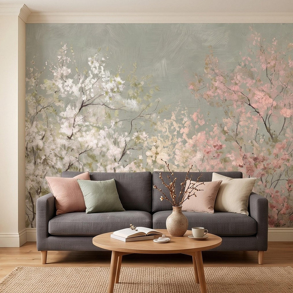 Cherry Blossom Peel and Stick Wall Mural, Soft Spring Blossom Trees, Painterly Botanical Branches White and Pink Floral Wallpaper